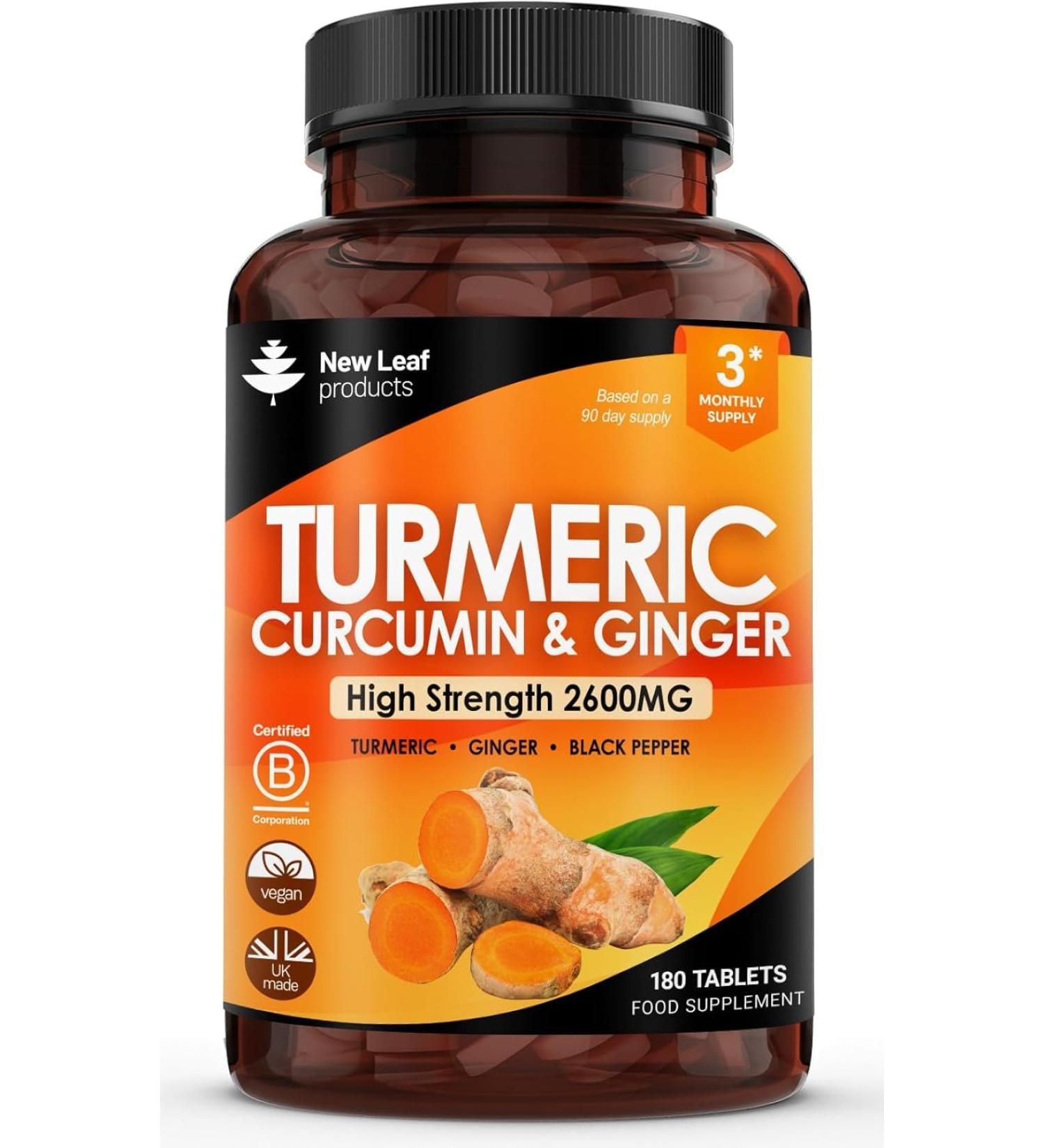 Turmeric Tablets 2600mg with Black Pepper & Ginger - 95% Curcumin Extract -180 Tablets (3 Months) High Strength Active Turmeric Supplements Not Turmeric Capsules by New Leaf - Buy Online on GoSupps.com
