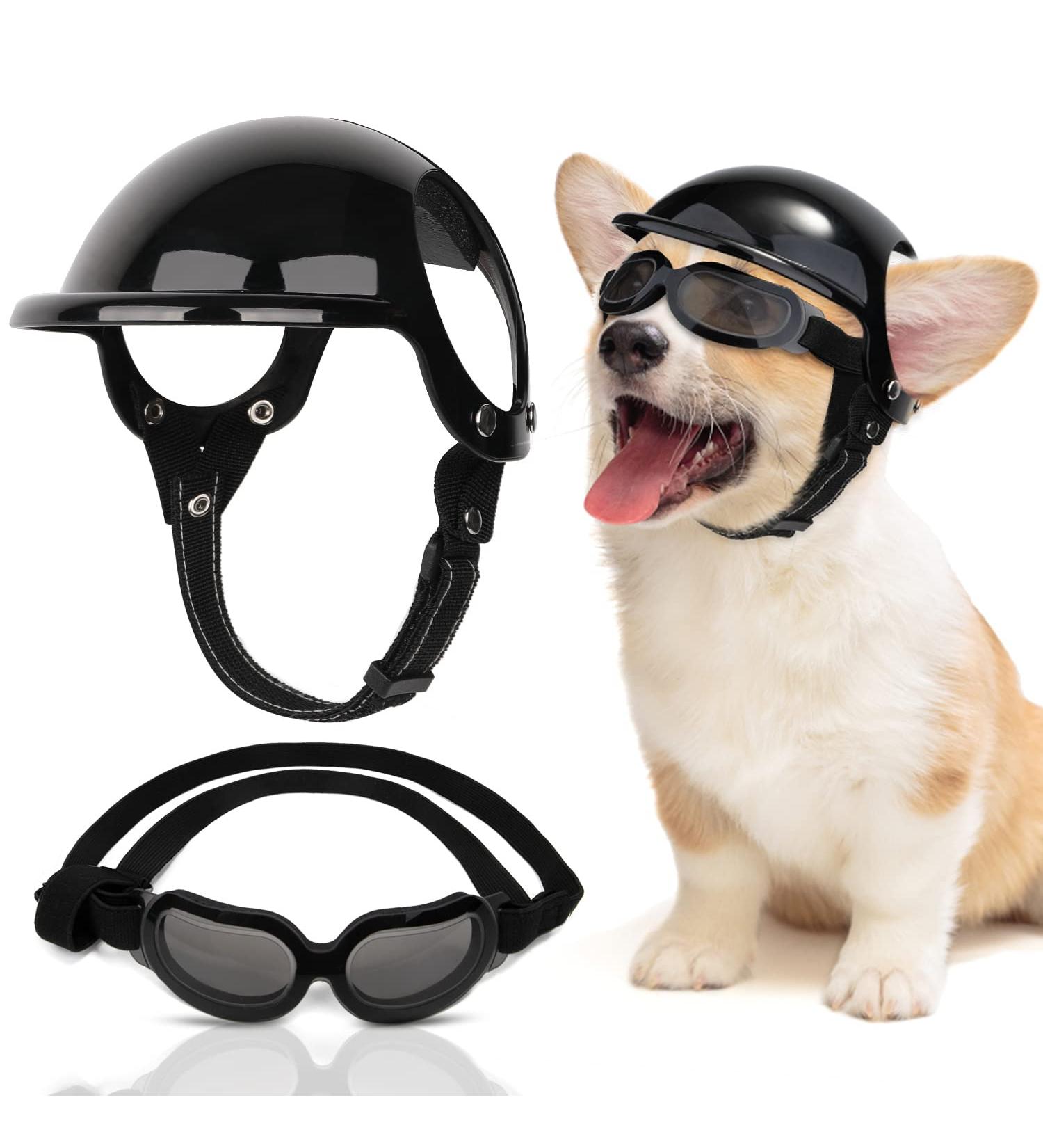 SlowTon Small Dog Helmet & Goggles Set - UV Protection Dog Sunglasses & Motorcycle Helmet for Safety Riding, Adjustable Belt & Ear Holes - Black - Buy Online on GoSupps.com