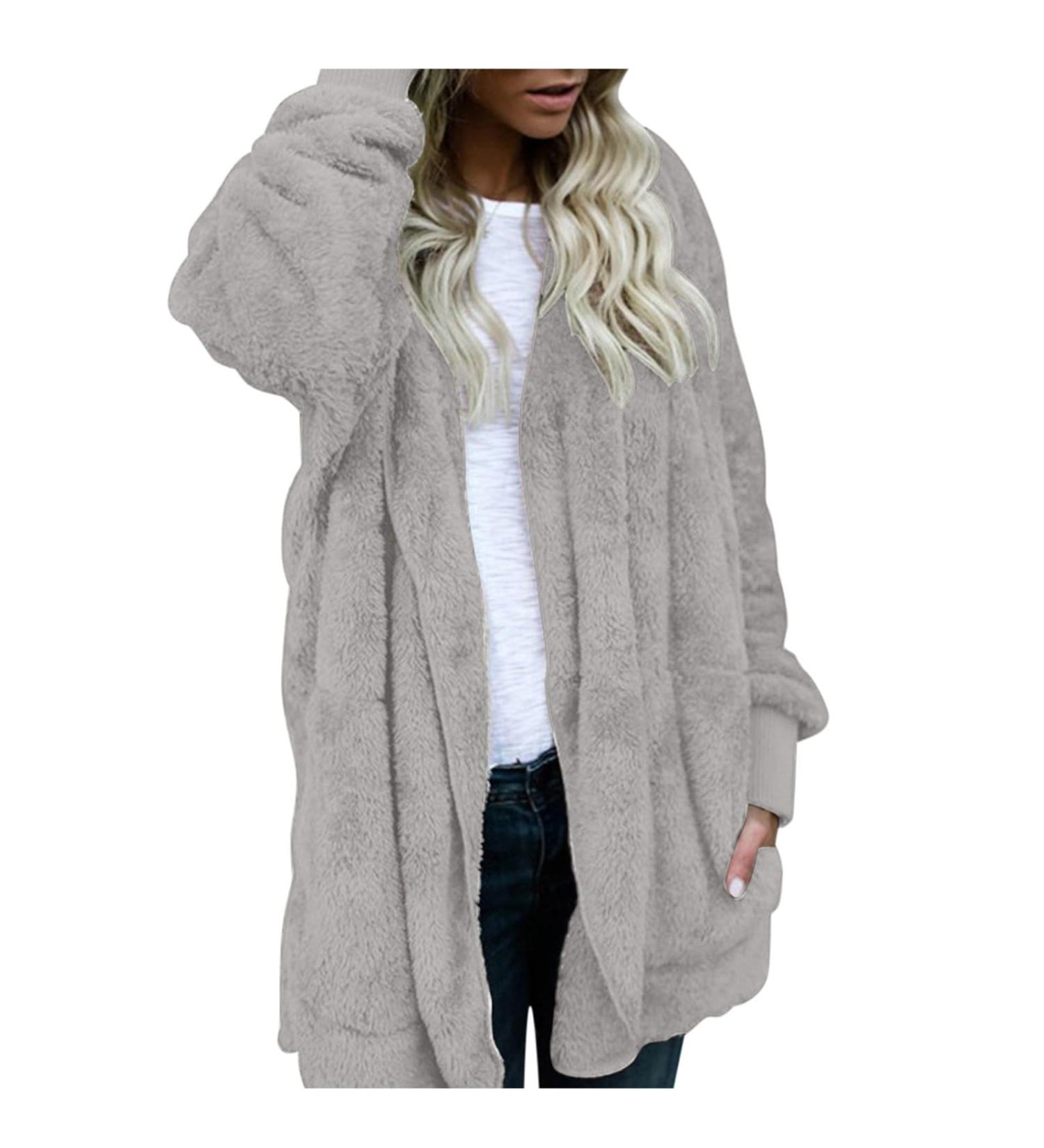 Cozy Women's Fleece Plush Jacket - Fluffy Warm Zipper Hoodie Long Sleeve Winter Coat Thick Bomber Sweater in Gray - Buy Online on GoSupps.com