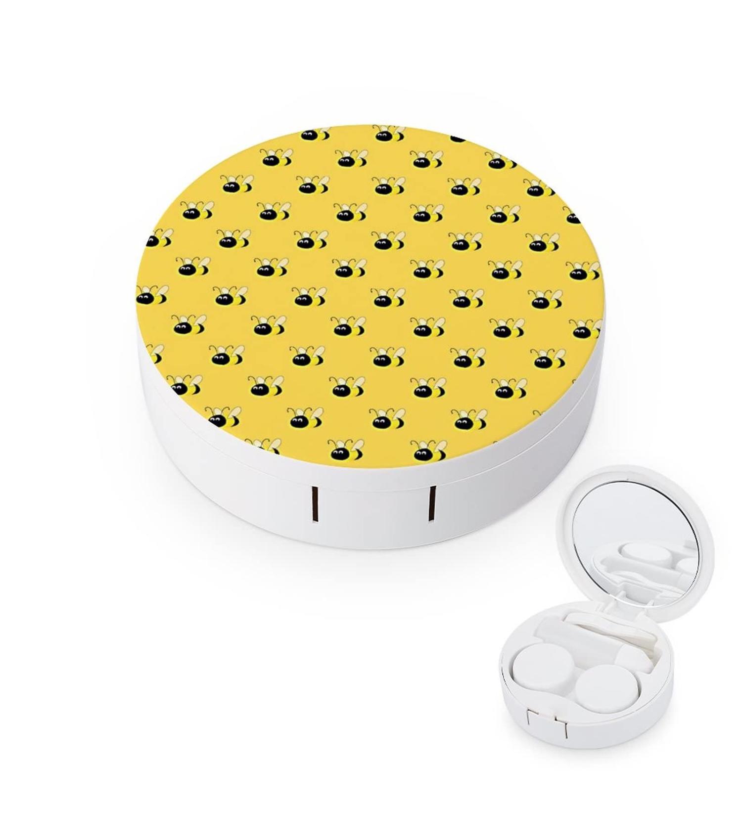 Yellow Bees Pattern Round Case For Contact Lens Kit Storage Box with Mirror Printed - Buy Online on GoSupps.com