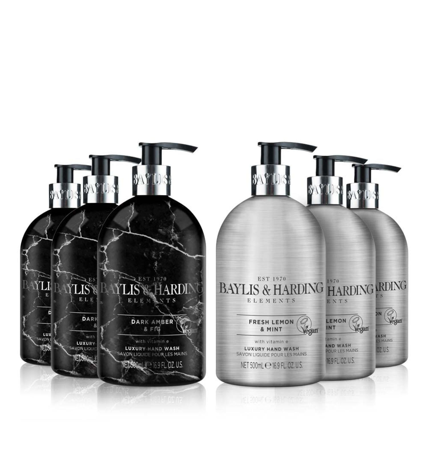 Baylis & Harding Elements Hand Wash Bundle - Dark Fig & Amber, Lemon & Mint (3 x 500ml each) - Vegan-Friendly, 6 Bottles - Buy Online on GoSupps.com