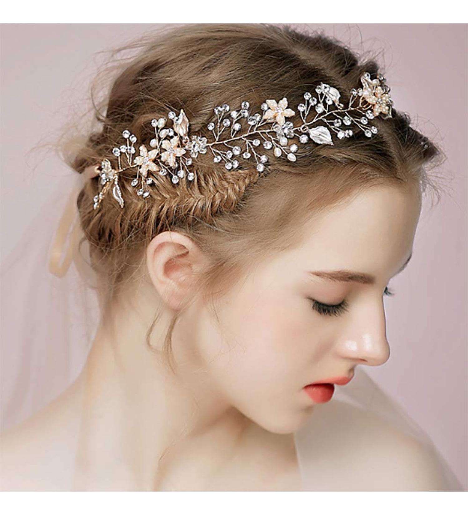 Deniferymakeup Bridal Silver Pearl and Crystal Beads Flower Leaf Bridal Hair Vine Wedding Head Piece Rhinestone Hair Piece Bridal Hair Accessories Headband Hair Jewelry Hair Accessories - Buy Online on GoSupps.com