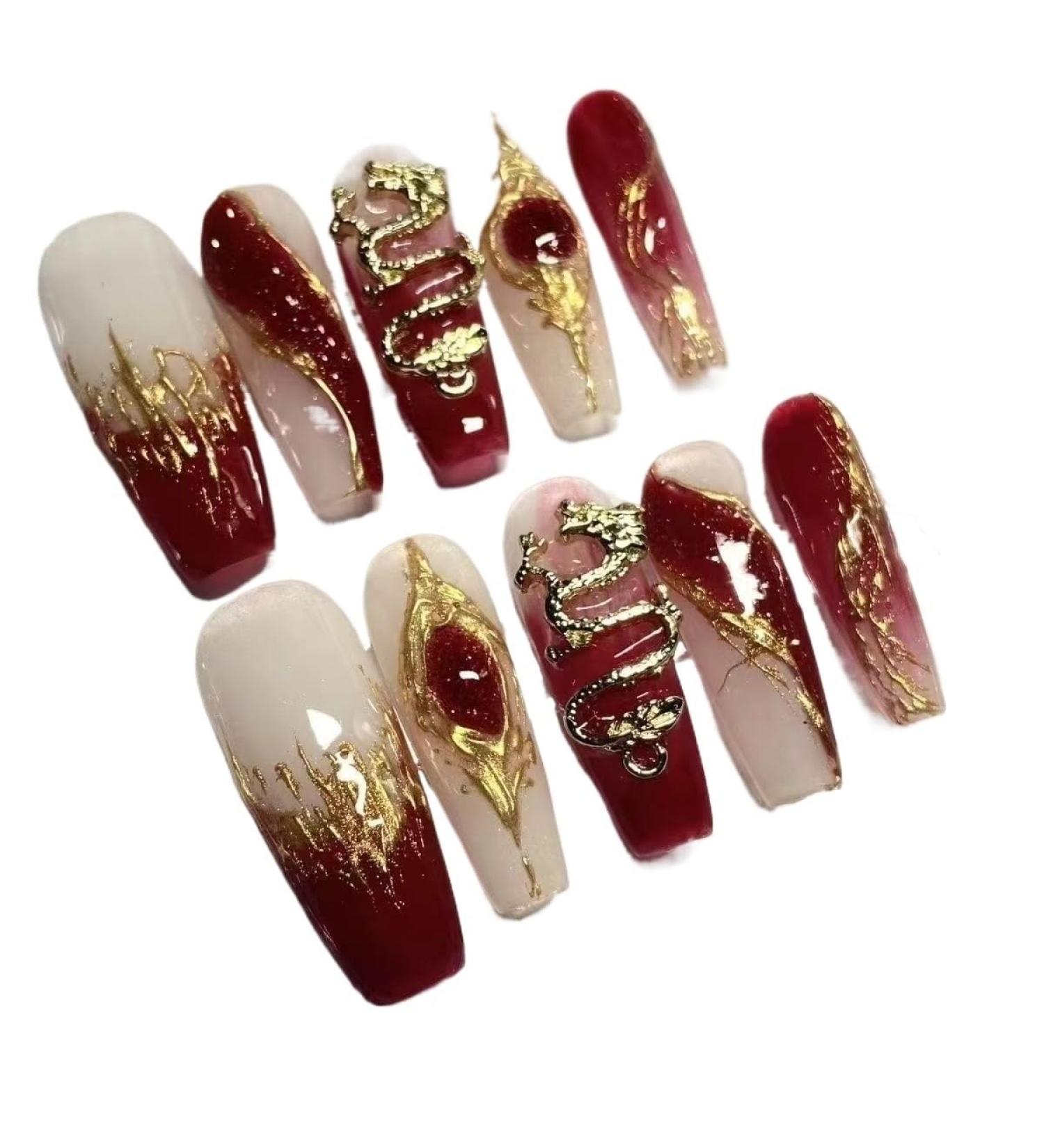 Temperament-enhancing manicure lucky manicure hand-worn manicure rich red manicure three-dimensional Chinese style.(XS)