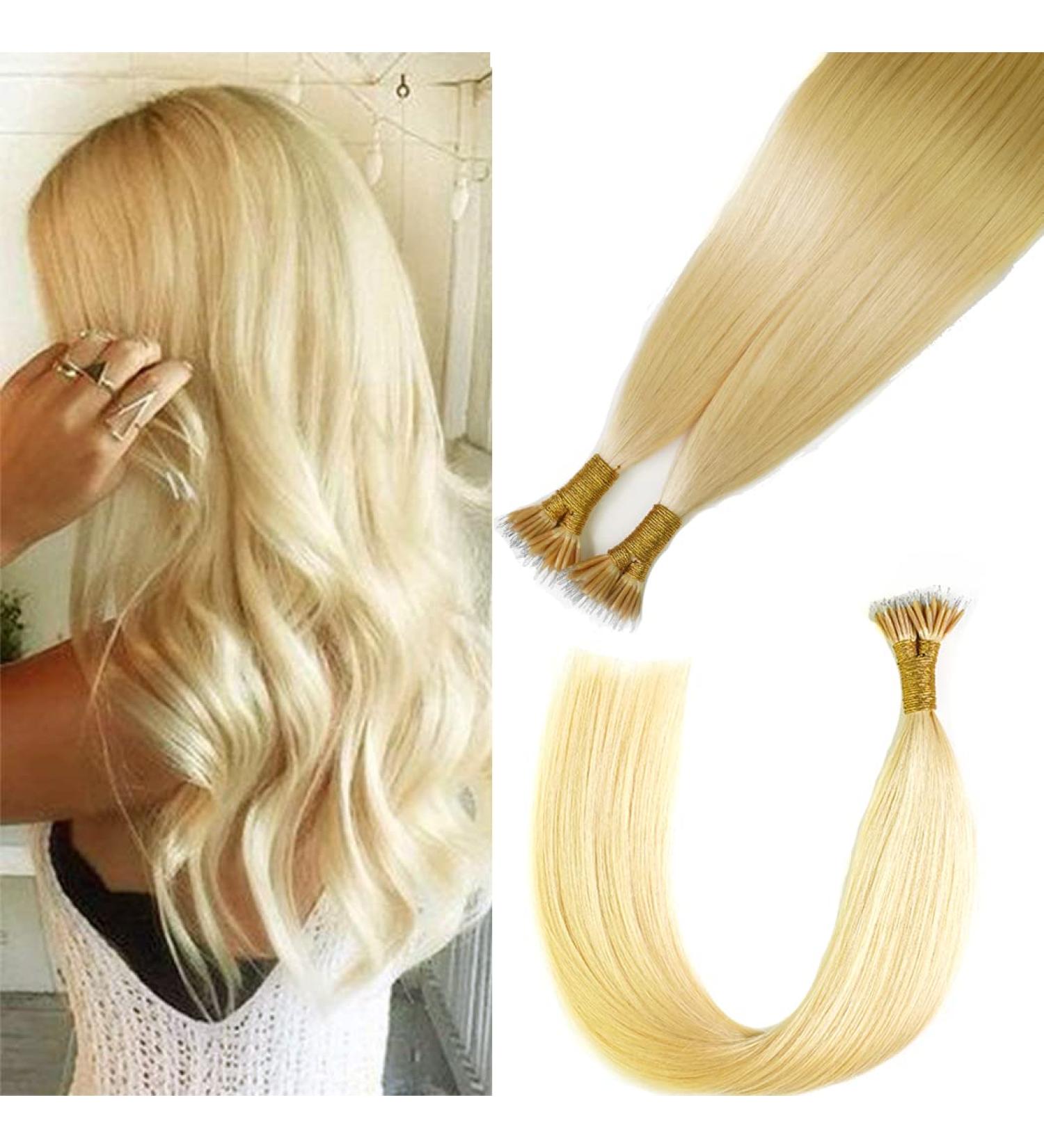KOCONI 18 Inch Bleach Blonde Nano Ring Human Hair Extensions - Platinum Blonde #24 - 50g - Double Drawn Nano Tip Beads - 1g/Strand - 18 inch - Buy Online on GoSupps.com