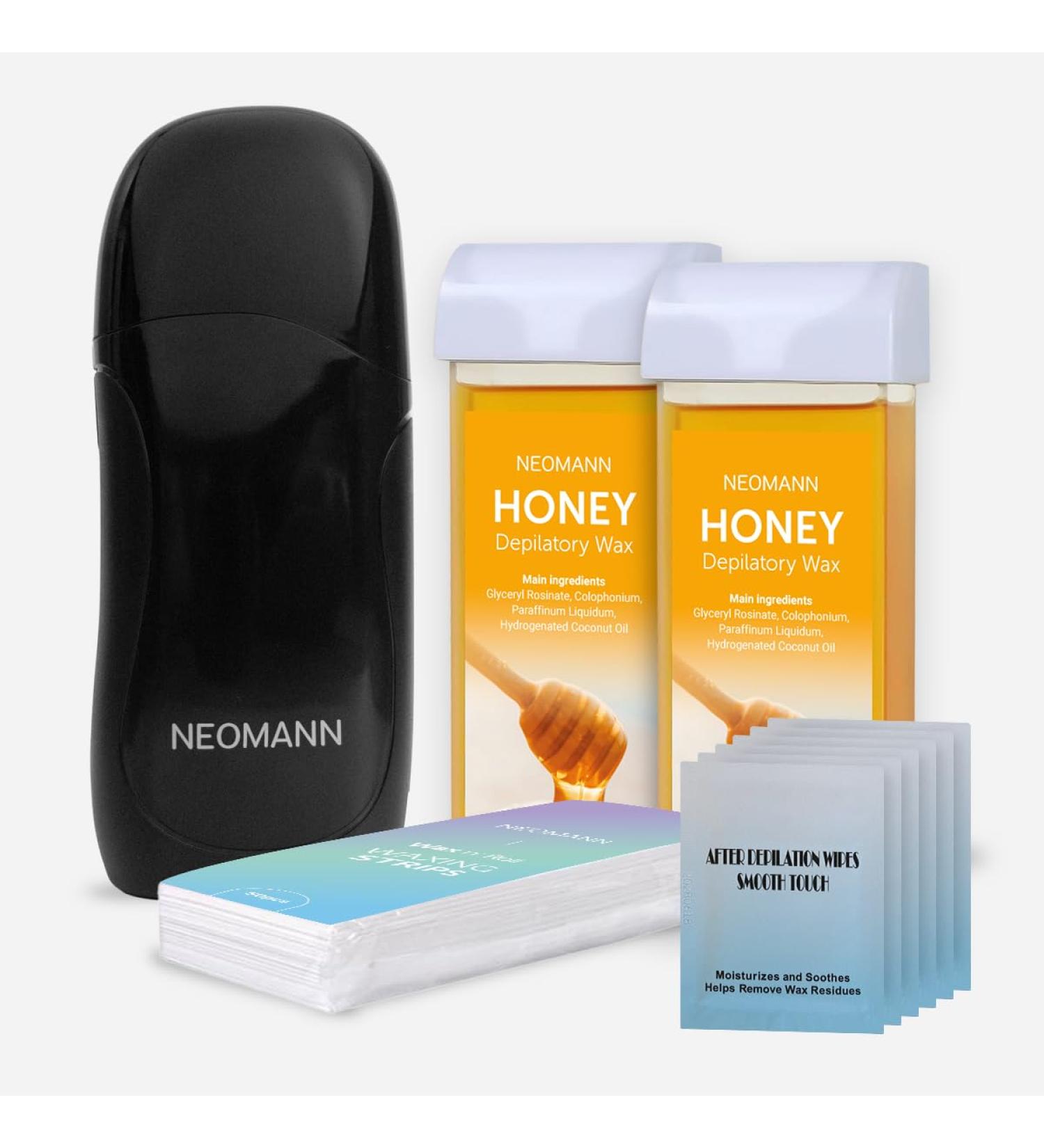 Wax-n Roll Kit d pilation Honey | Chauffe-cire Roll-On avec 2x cartouches Honey 50 bandes de cire & 6 lingettes de soin (Noir) Qualit salon pour la maison Noir - 2 x Miel 1 unit (Lot de 1) - Buy Online on GoSupps.com