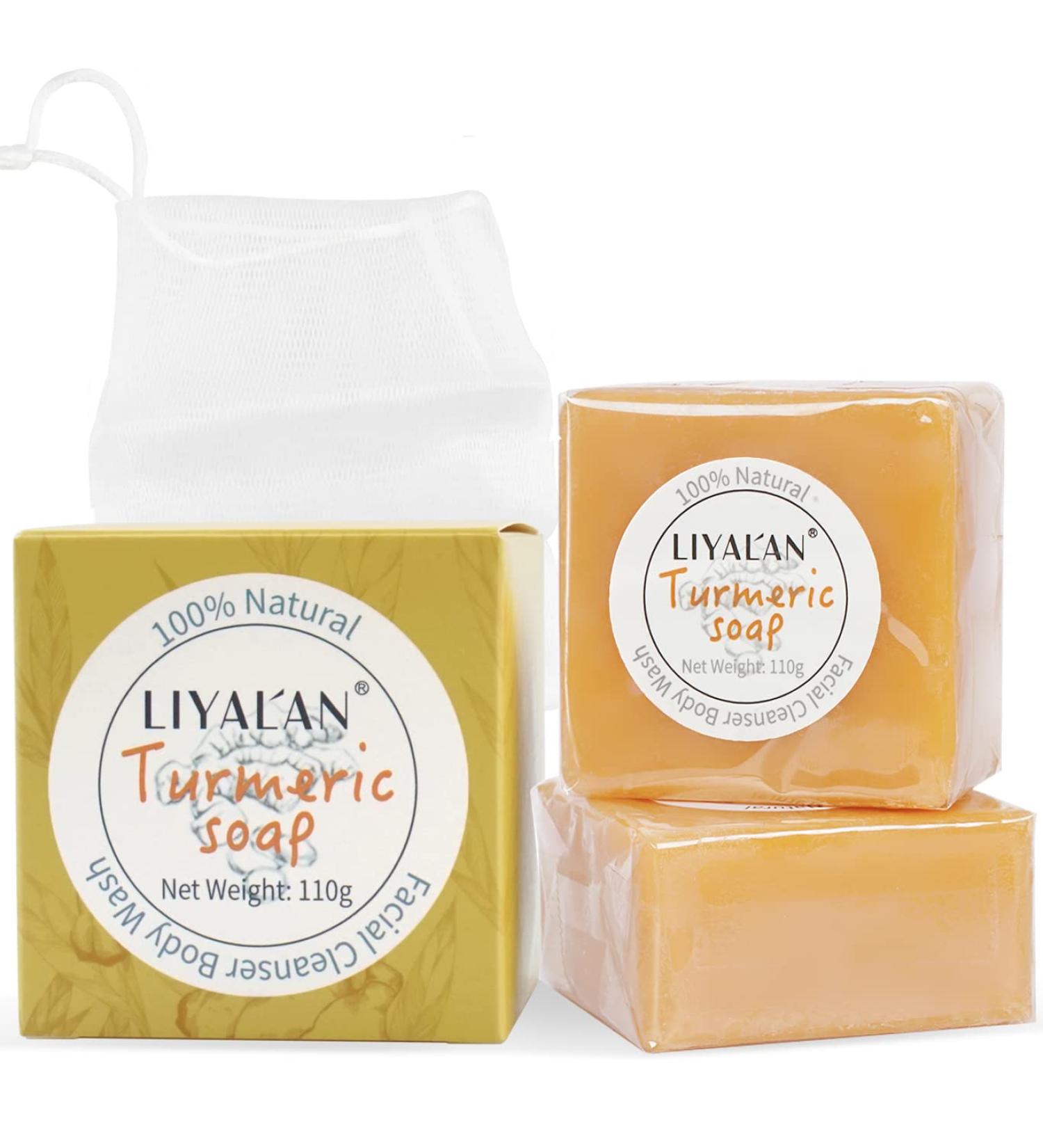 Liyalan Turmeric Soap Bar - 3.88 oz (2 Bars) for Face & Body | Acne, Dark Spots, Hyperpigmentation, Smooth Skin | Natural Handmade Soap - Buy Online on GoSupps.com
