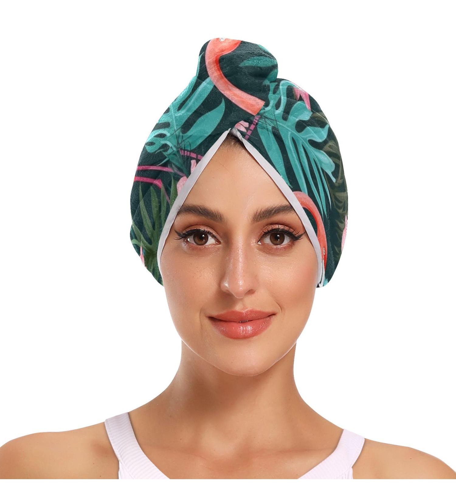 Red Flamingos Tropical Leaf Hair Towel 2 Pack | Super Absorbent Quick Dry Hair Turbans for Women & Girls - Buy Online on GoSupps.com