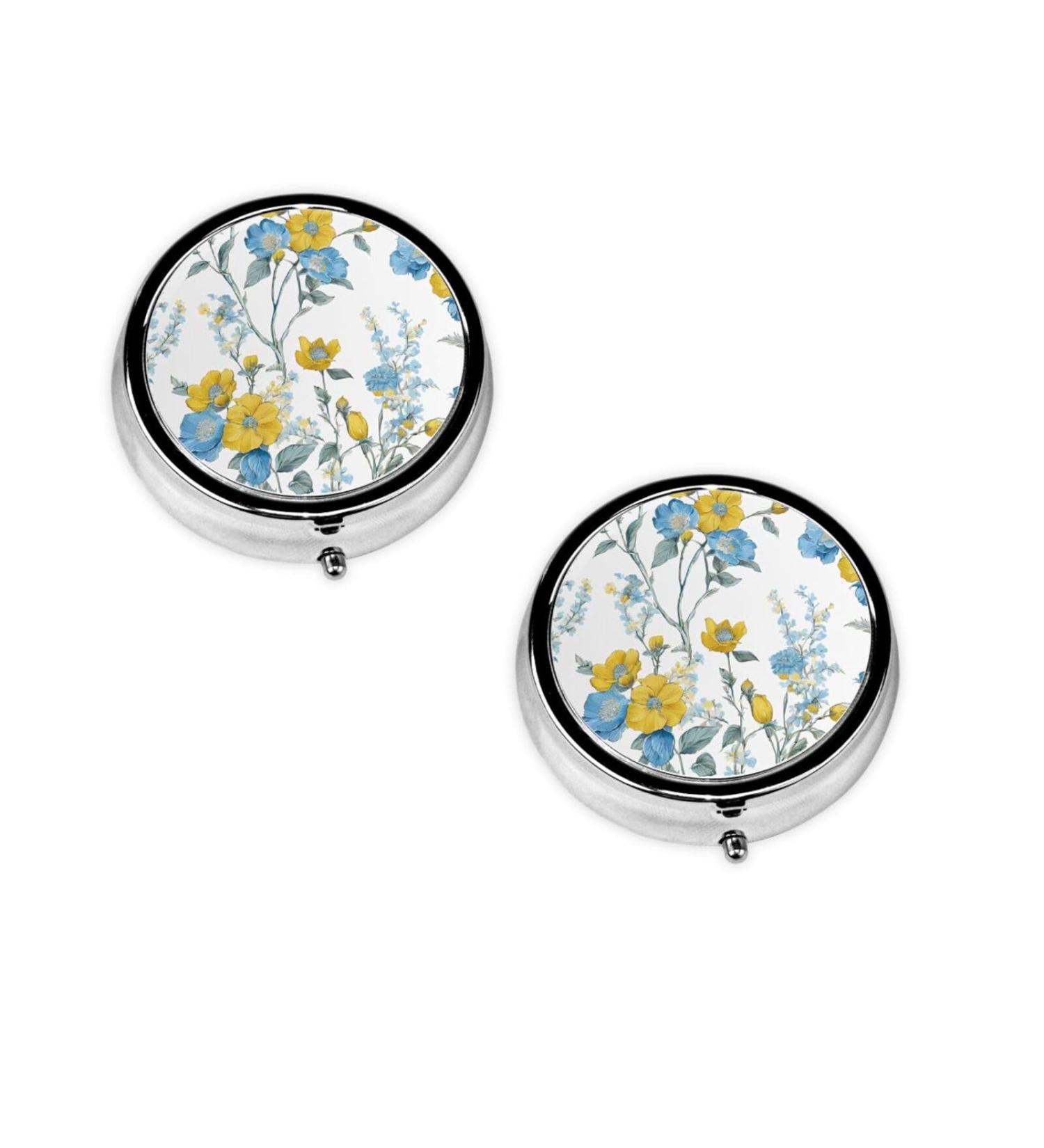 Blue Floral Pattern Mini Round Pill Box - 3 Compartment Portable Organizer for Travel Home & Office - Buy Online on GoSupps.com
