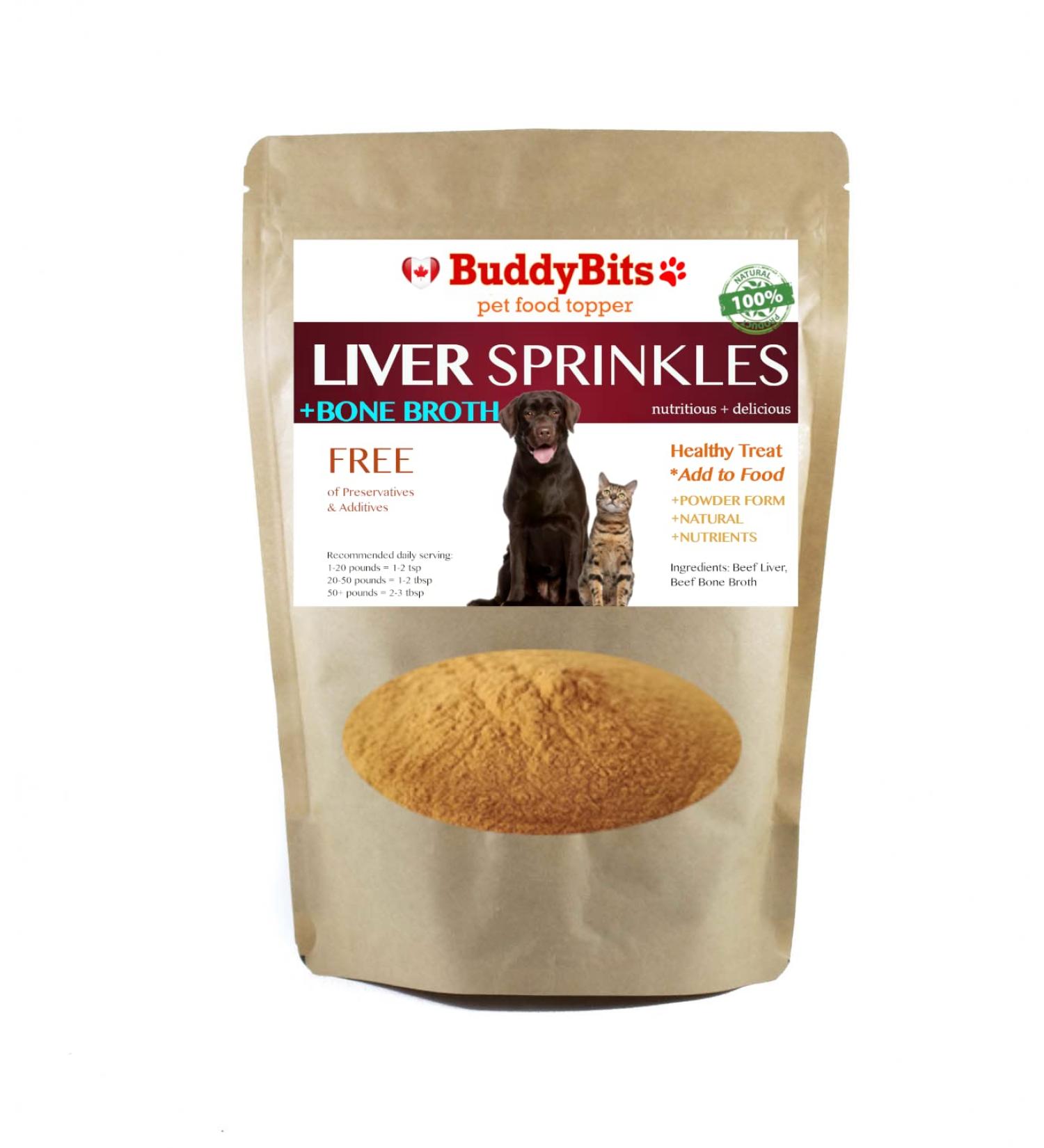 Buddy Bites Natural Liver & Bone Broth Sprinkles - Beef | All Natural Healthy Powder Dog Food Topper | Buddy Bits Made in Canada - Buy Online on GoSupps.com