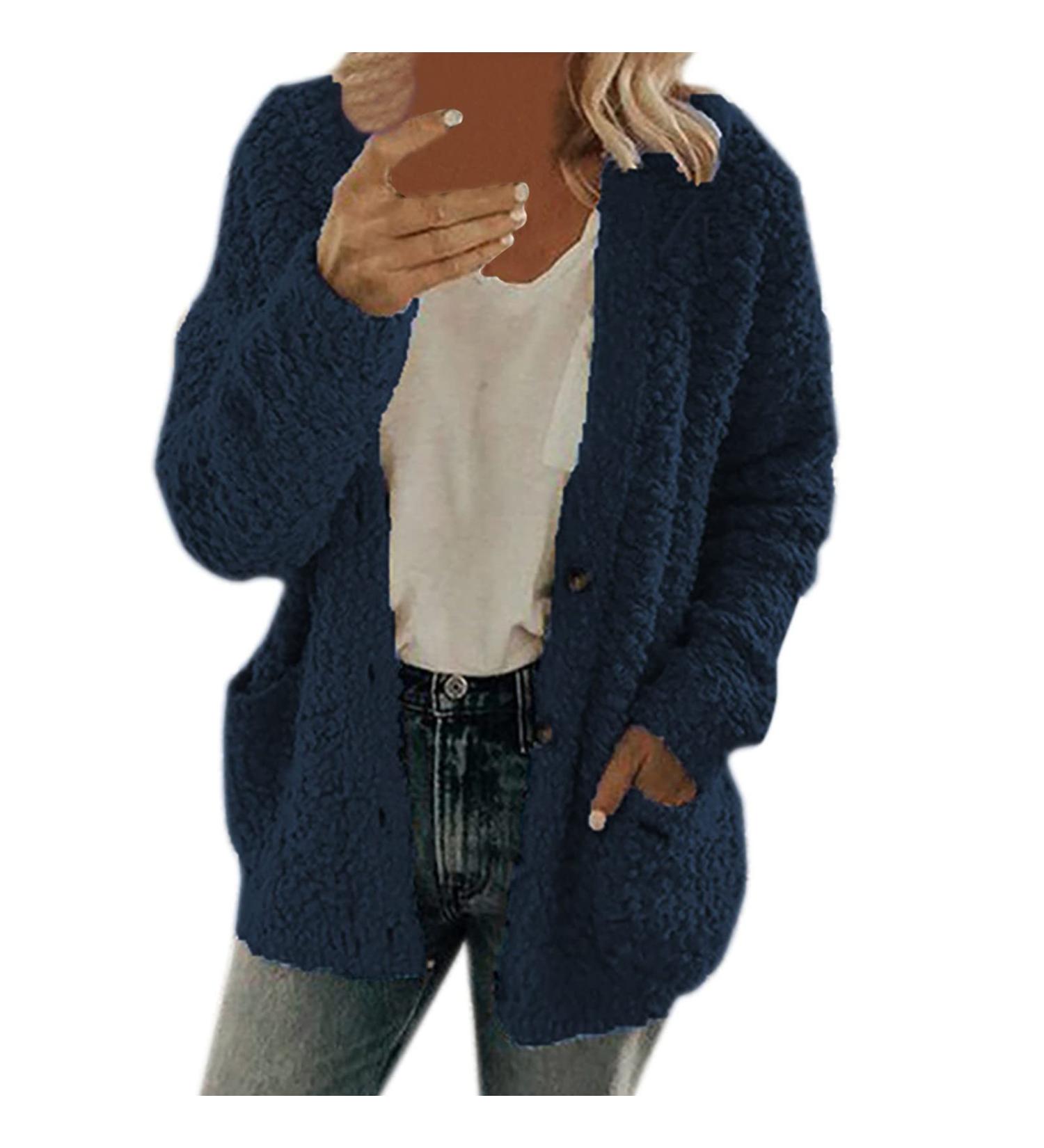 Hanxiulin Women's Oversized Plush Jacket | Warm Lined Fleece Cardigan | Breathable Light Outdoor Winter Coat | Dark Blue Trench Coat - Buy Online on GoSupps.com