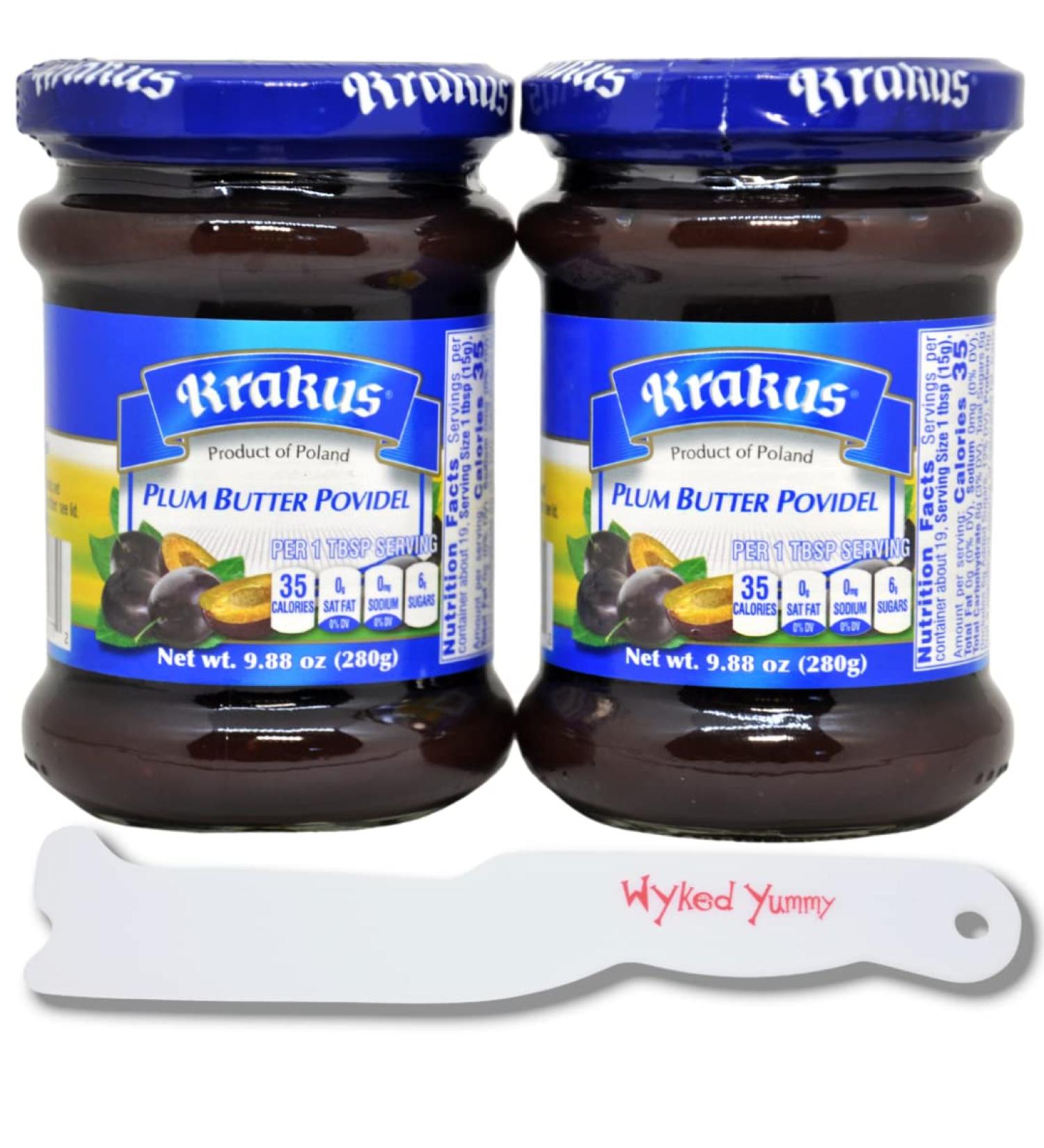 Wyked Yummy Fruit Butter Bundle - 2 Jars of Krakus Plum Butter Povidel (9.88 oz each) with Spreader Knife and Jar Scraper - Buy Online on GoSupps.com