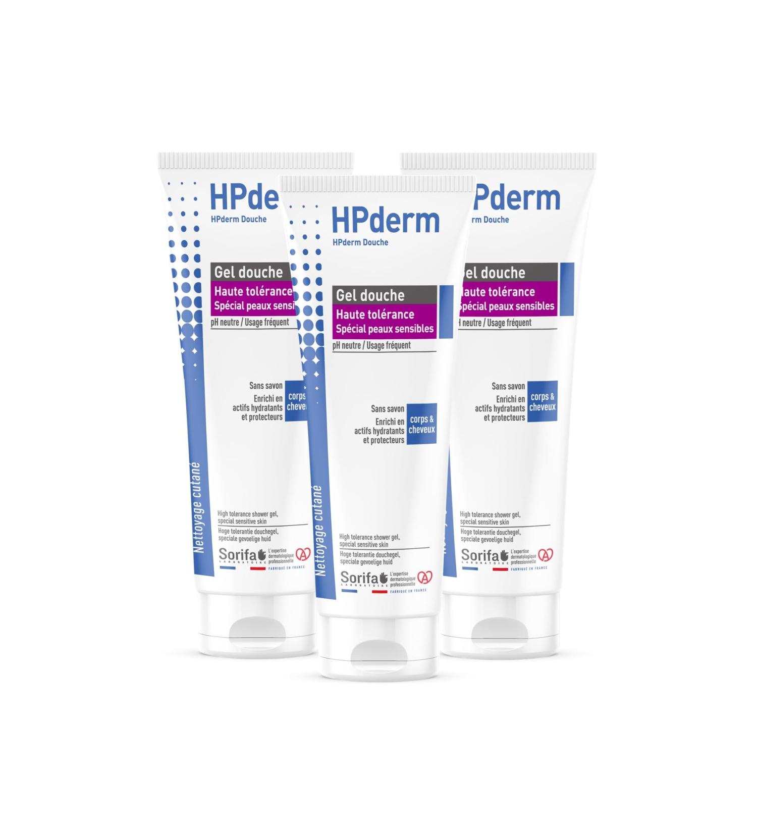 Sorifa Laboratory 3 pieces HPderm shower gel high color power 2in1 body and hair especially for sensitive skin tattoos weakened hair frequent use pH neutral without soap tube 200 ml - Buy Online on GoSupps.com