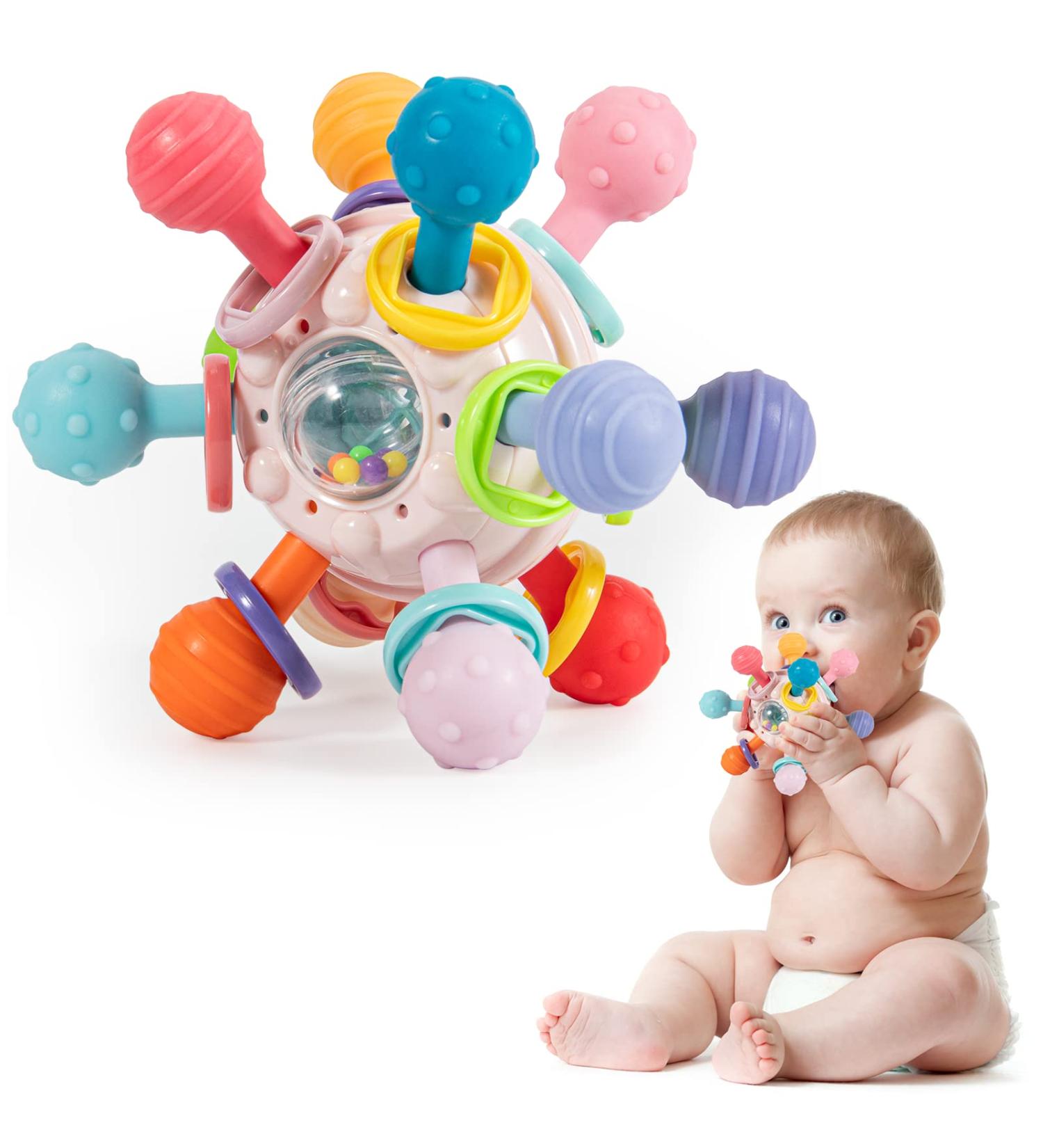 Daboot Teething Ball Toy for Babies 0-6 Months | Sensory Infant Teether Rattle Chew Toy | Easy to Hold | Baby Girl Boy Gift (Pink) - Buy Online on GoSupps.com