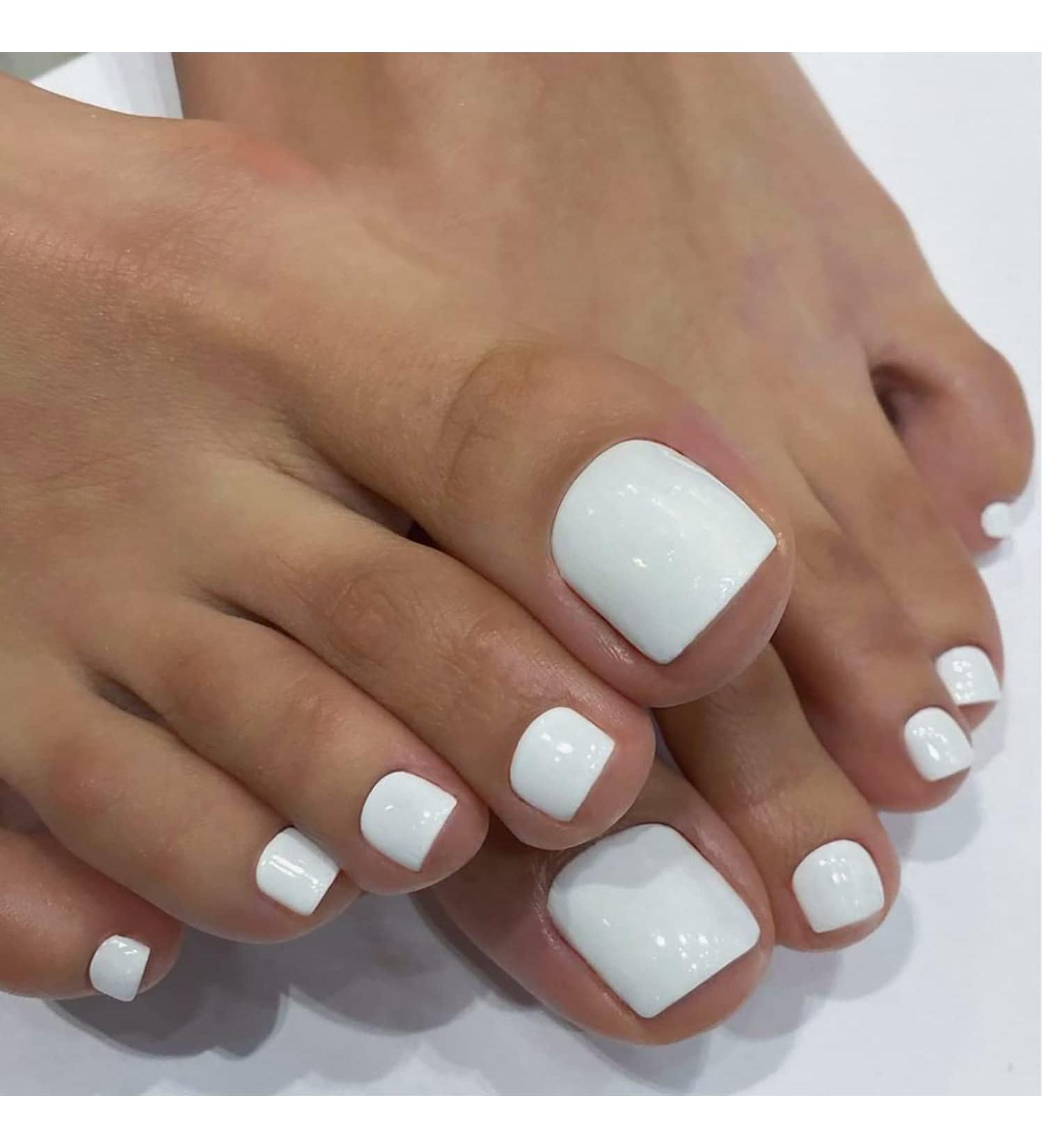 Glossy White Press-on Square Fake Toenails - 24Pcs Full Cover Solid Color Acrylic Toenails for Women and Girls - Cute Short False Toenails for Summer Beach - Style 8 - Buy Online on GoSupps.com