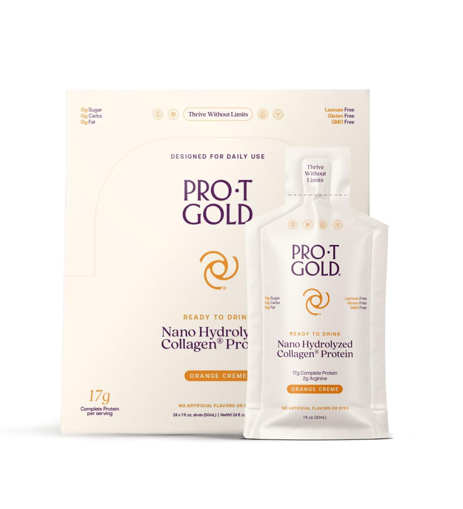 ProT Gold Liquid Collagen Protein Shot 17g Clear Protein Nano-Hydrolyzed Grass Fed Collagen 2g Arginine for Wound Support Gluten Free Sugar Free 0g Carbs Orange Creme 1 fl oz 24 Pack Orange Creme 1 Fl Oz (Pack of 24) - Buy Online on GoSupps.com