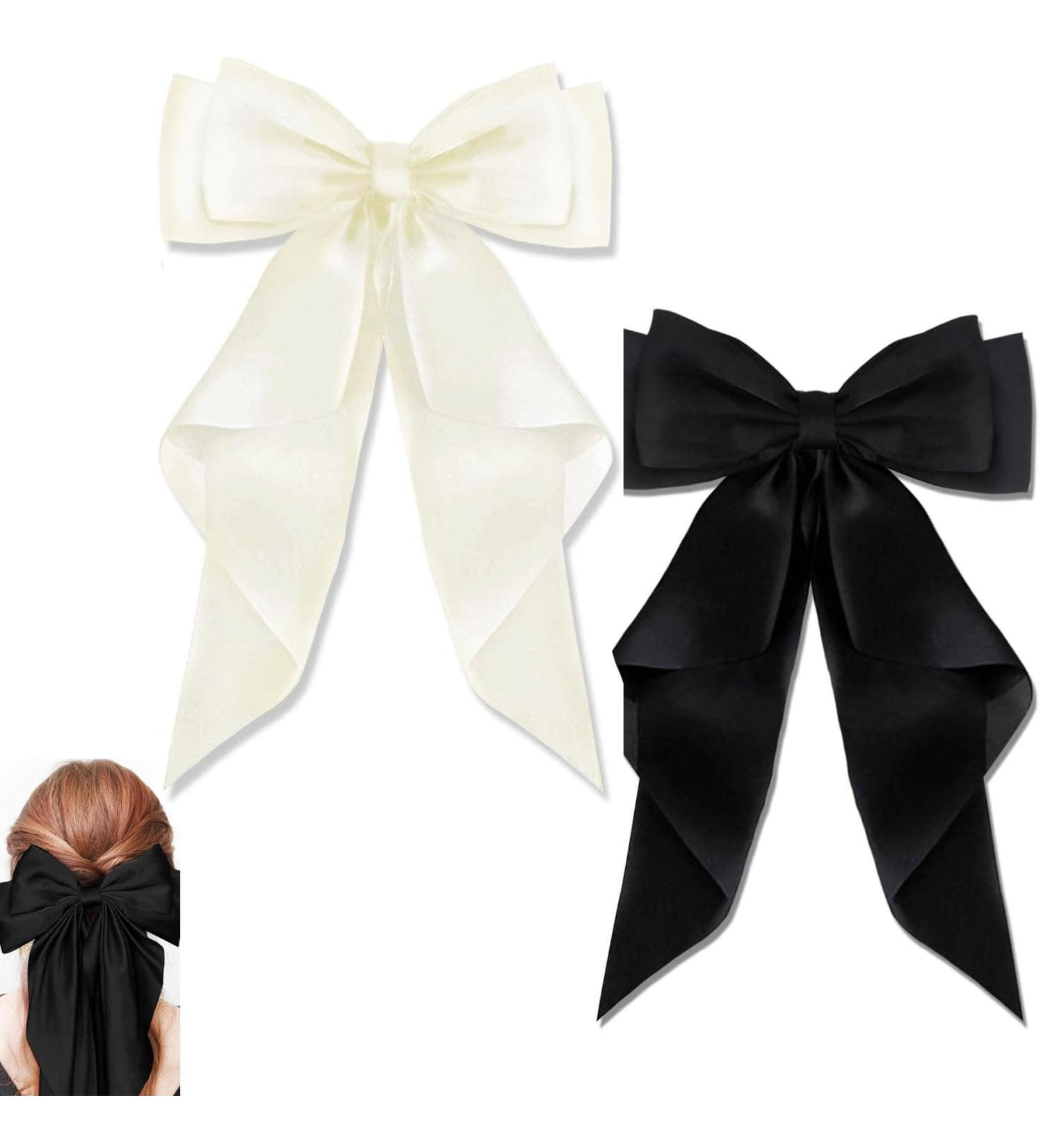 BAIYSFFG Big Bow Hair Clips with Long Silky Satin 2PCS Solid Color French Barrette Simple Hair Fastener Accessories for Women Girls Black White - Buy Online on GoSupps.com