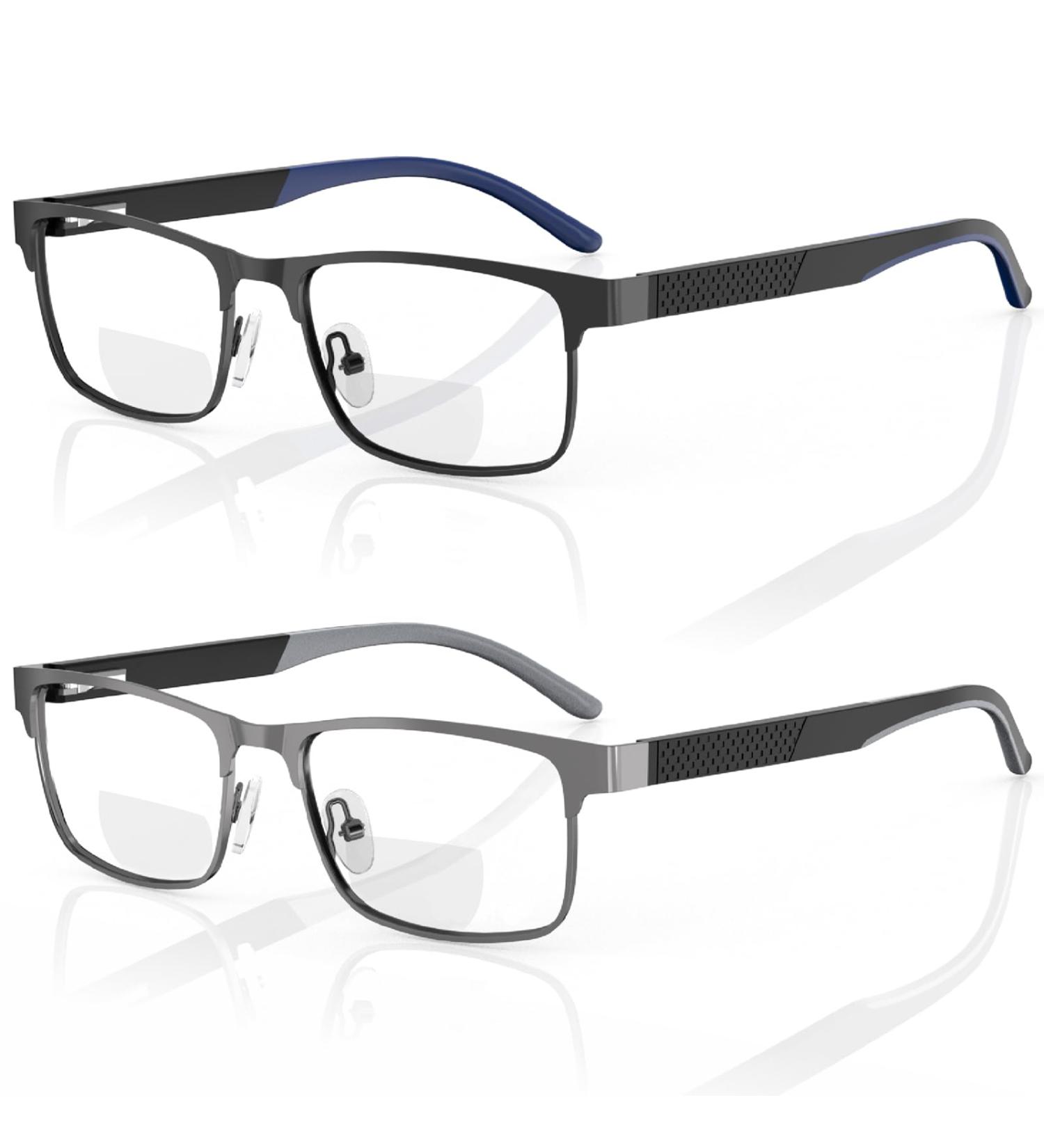 LianSan 2-Pack Bifocal Reading Glasses for Men & Women - Stylish Metal Frame Blue Light Blocking 2.0x Magnification (Black & Grey) - Perfect for Computer Use - Buy Online on GoSupps.com