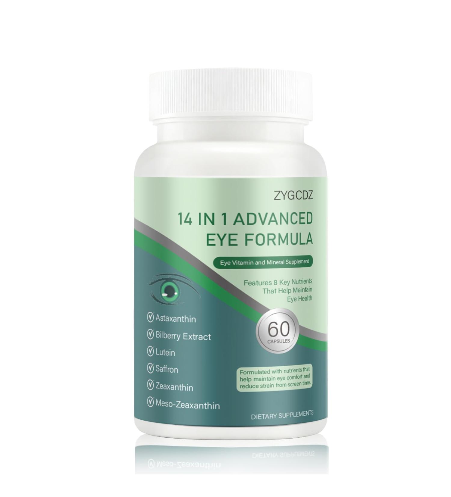 14-in-1 Advanced Eye Vitamin Supplement with Lutein Zeaxanthin Bilberry Extract & Zinc for Adults - Supports Vision Macula & Blue Light Protection - 60 Capsules (01) - Buy Online on GoSupps.com