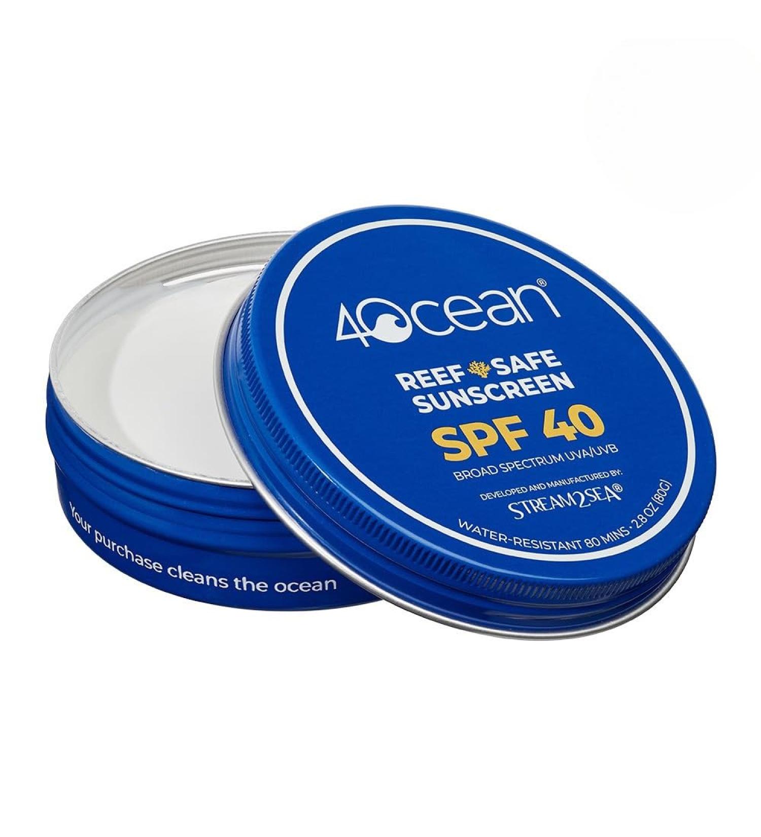 4ocean Reef-Safe Sunscreen SPF 40 - Broad Spectrum UVA/UVB Protection - Ocean-Friendly, Water-Resistant, Non-Nano Zinc Oxide Formula - 2.8 oz (Each tin funds removal of 1 pound of trash) - Buy Online on GoSupps.com