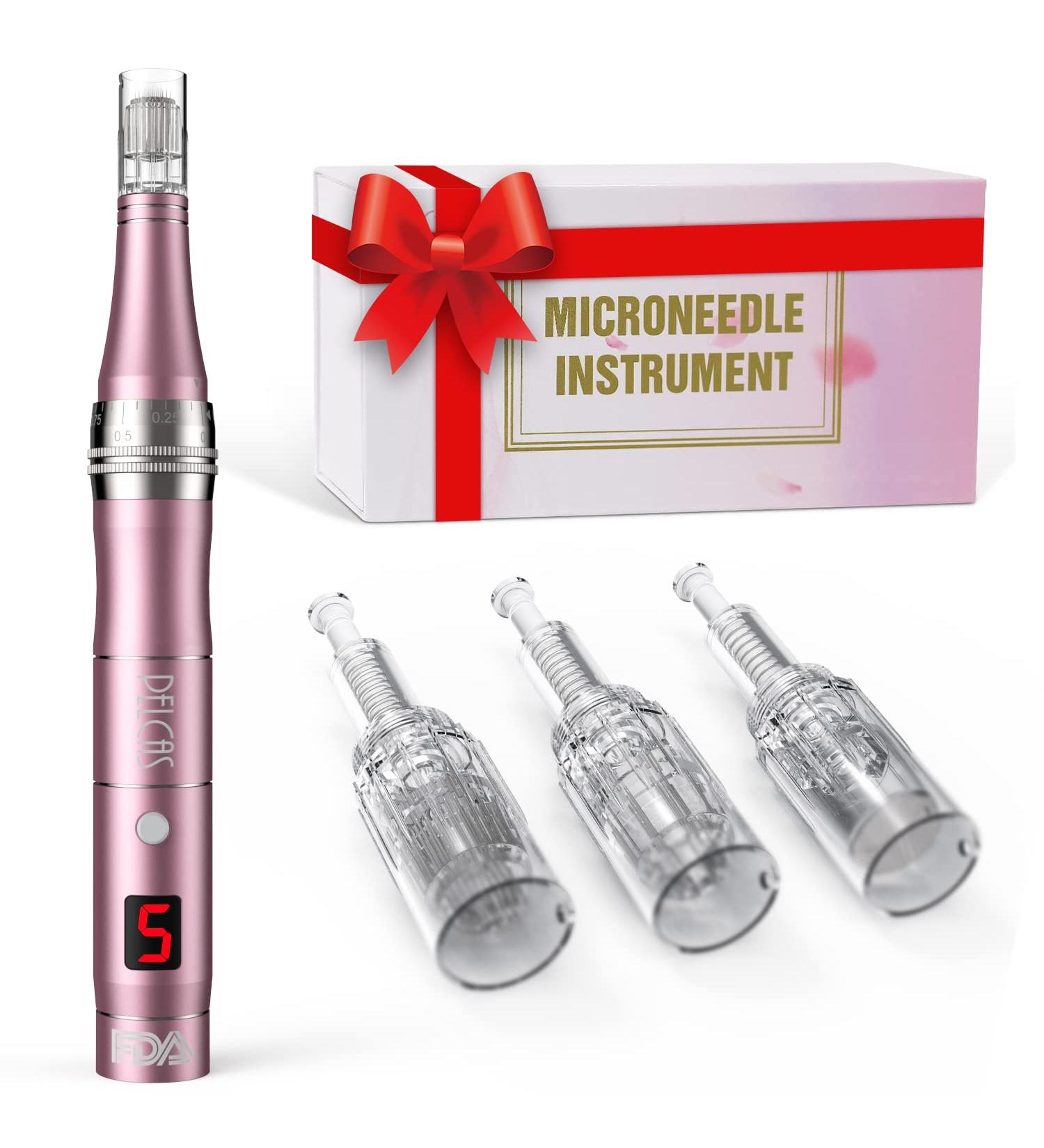 PELCAS Electric Cordless Microneedling Pen | 3 Replacement Cartridges | Adjustable 0.25mm Microneedle Dermapen | Easy Home Use (Pink) - Buy Online on GoSupps.com