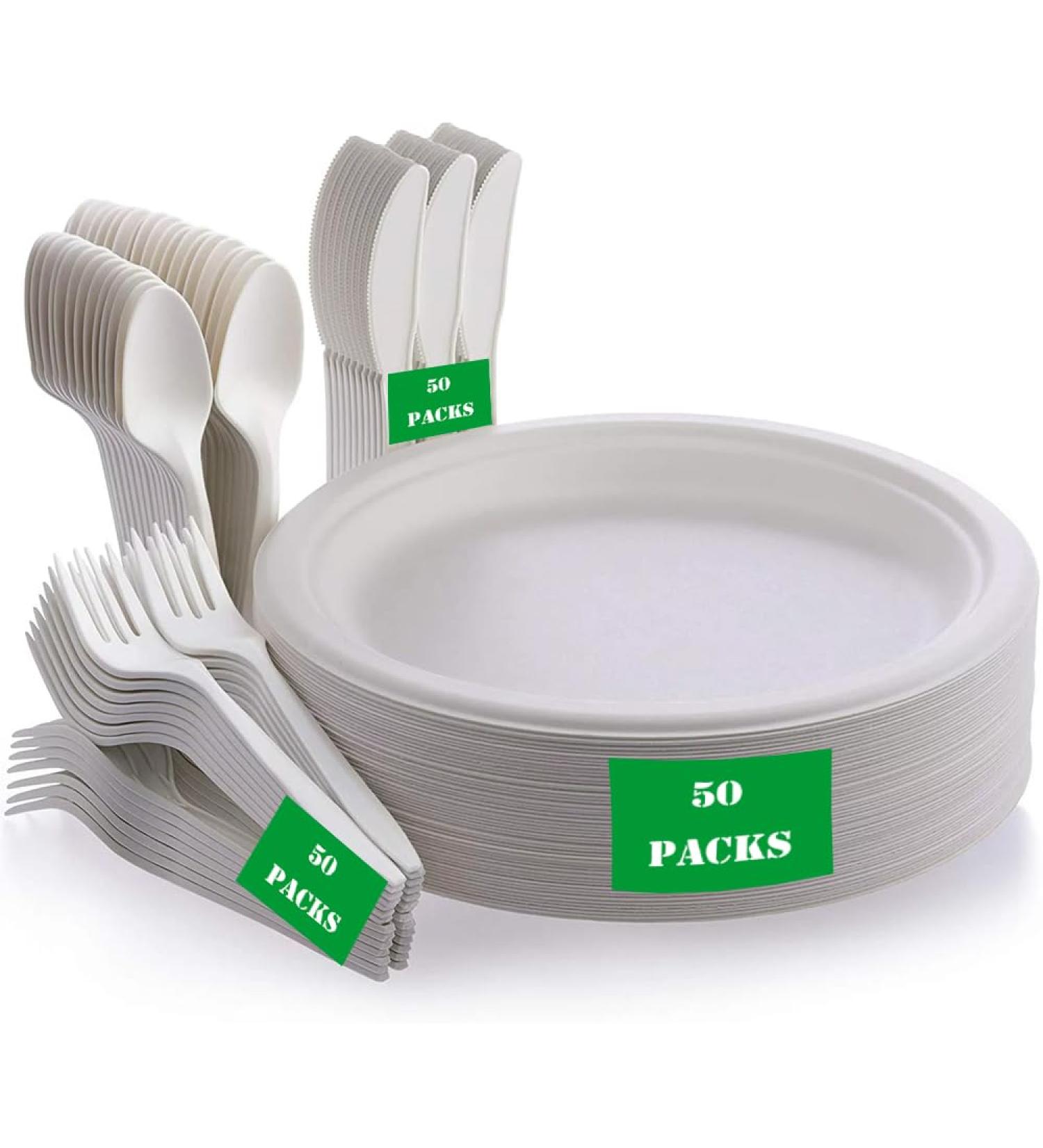 200PCS Compostable Cutlery Disposable Paper Plates with Cutlery Set Compostable 9 Inch Plate 7 Inch Forks Knives and Spoons Dinnerware Set for 50 Guests 200pcs 9"plate 7"forks Knives and Spoons - Buy Online on GoSupps.com