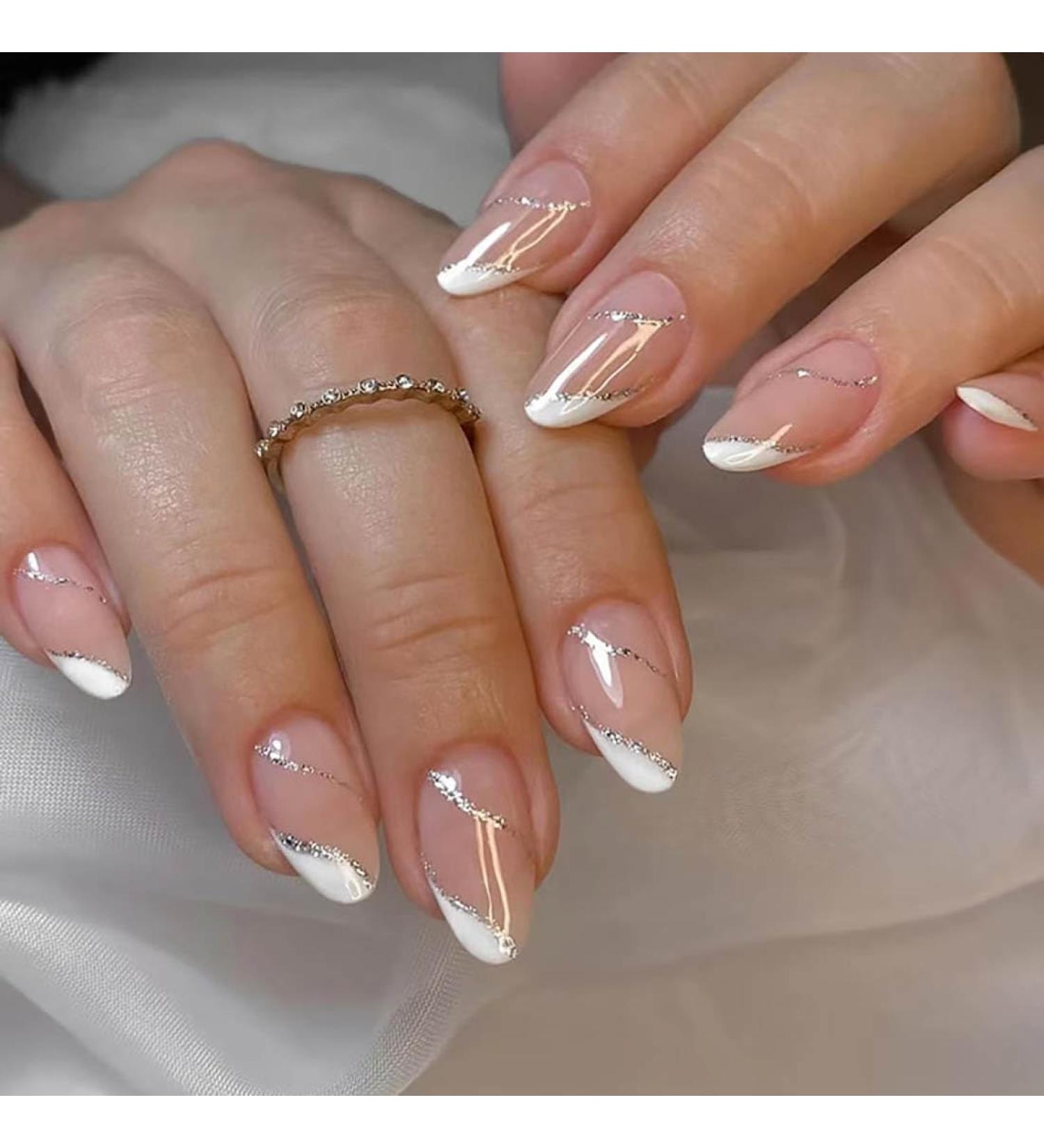 SINLOV Almond False Nails Glitter Press on Nails Nude Long Acrylic Art Full Cover Fake Nails Pink Gradient French Fake Nails for Women and Girls - Buy Online on GoSupps.com