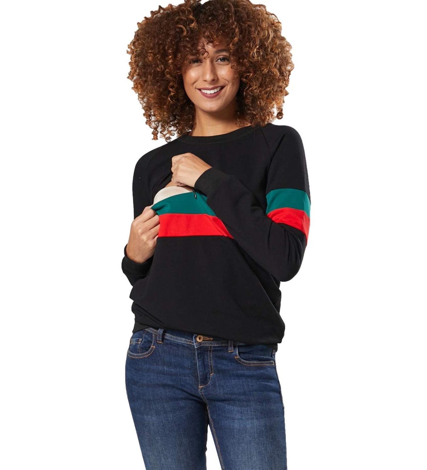 Zeta Ville Maternity Nursing Zipped Sweatshirt 1110 - Black Striped Jumper | Women's - Buy Online on GoSupps.com