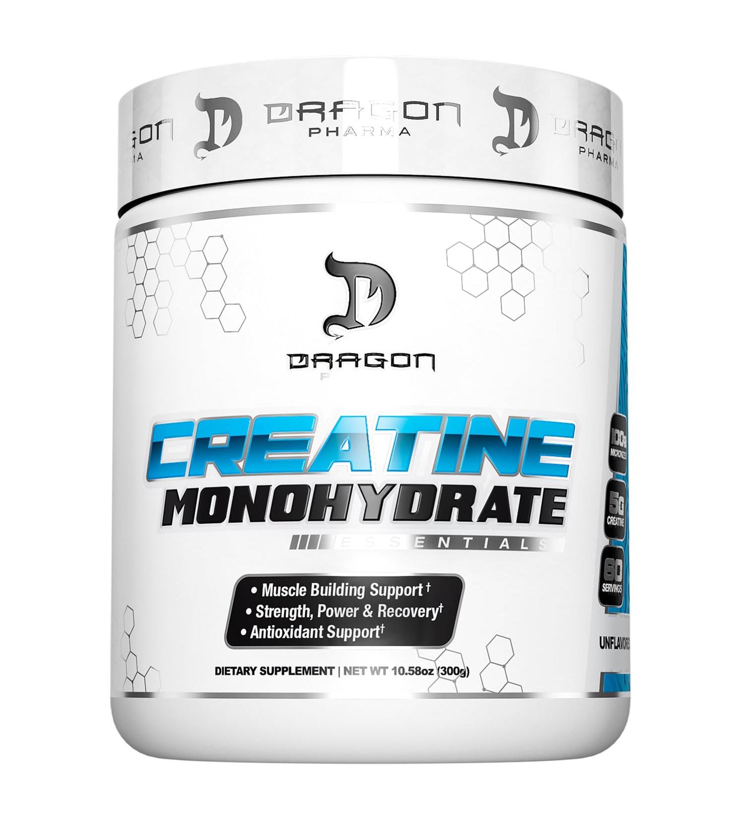 Dragon Pharma Creatine Monohydrate - Muscle Recovery & Antioxidant Support Supplement (60 Servings Unflavored) - International Shipping Available - Buy Online on GoSupps.com