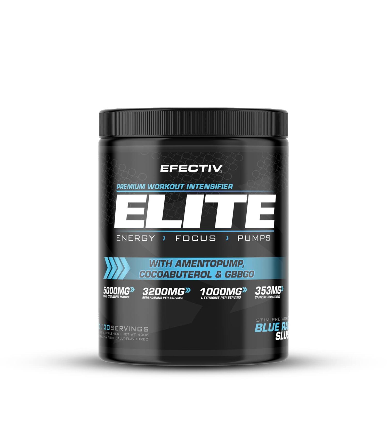 Efectiv Elite Pre Workout Intensifier 420g - Enhanced Energy, Focus & Pumps - Amentopump, Cocoabuterol, GBBGO - Blue Razz Slush - Buy Online on GoSupps.com