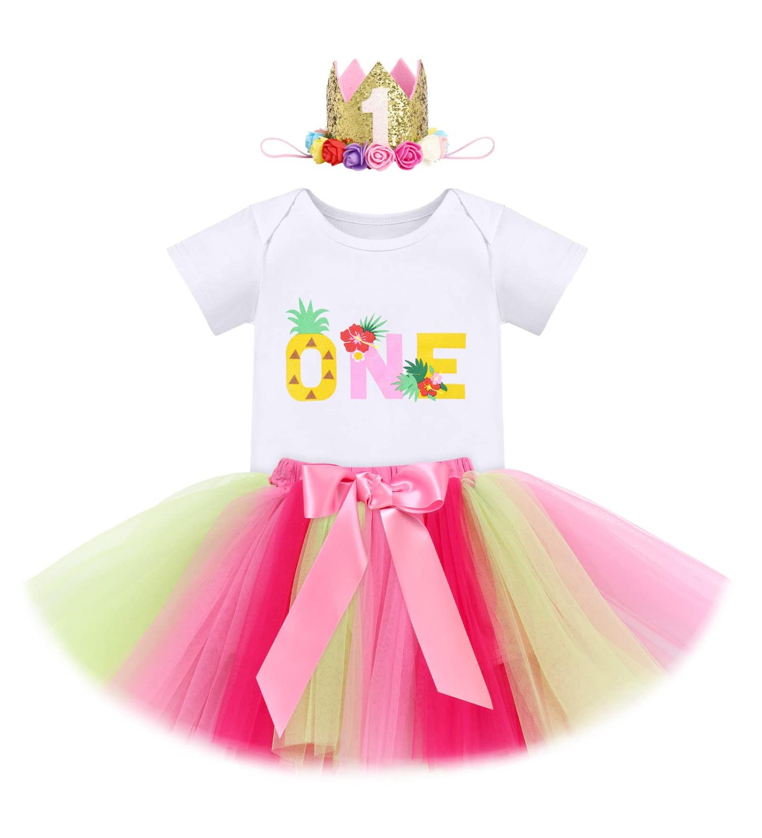 FYMNSI Baby Girl 1st Birthday Outfit - Flower Printed Short Sleeve Romper, Tutu Skirt, Crown Headband 3pcs Set - 1 Year Yellow + Pink - Buy Online on GoSupps.com