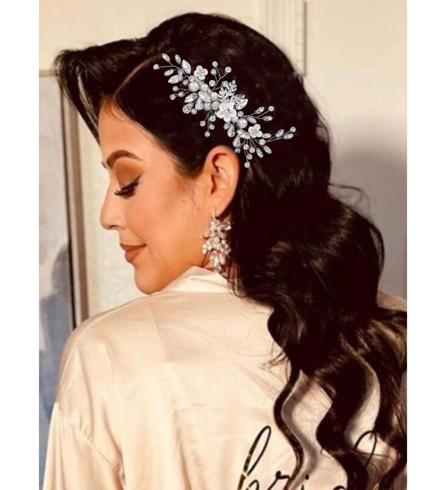 Crystal Bride Wedding Hair Clip | Catery Silver Hair Vine | Bridal Headpiece with Flower | Women's Wedding Hair Accessories - Buy Online on GoSupps.com