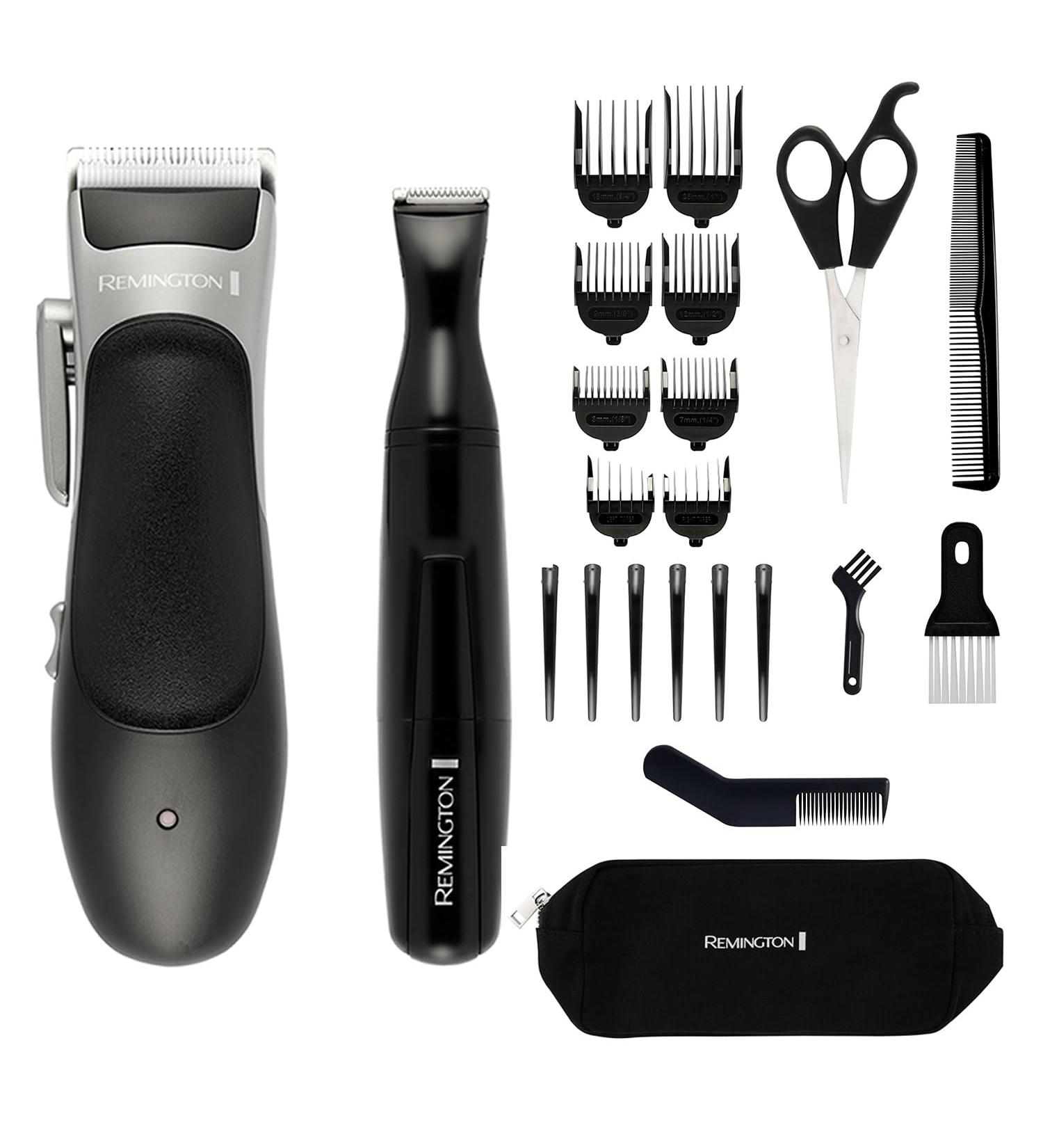 Remington Hair Clipper and Detail Trimmer (25 Piece kit incl. 6 Sectioning Clips 6 Comb attachments (3mm-25mm) Ear Taper Combs Scissors Storage Pouch etc. 40 Minutes Cordless Usage) HC367 - Buy Online on GoSupps.com