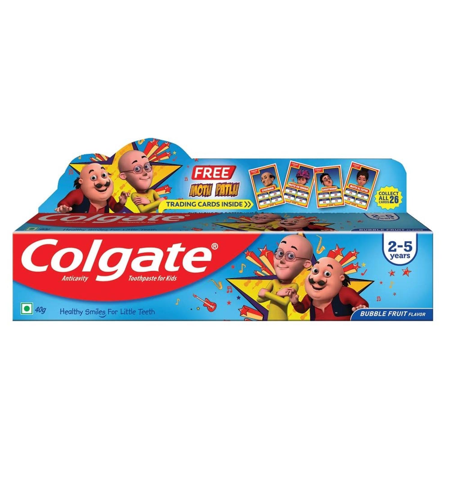Colgate Kids Toothpaste for 2-5 Years Motu Patlu Bubble Fruit Flavour Gentle Cavity Protection Tooth Paste with 50% Lesser Abrasive Formula for Protecting Against Cavities - 40G(1.4) - Buy Online on GoSupps.com