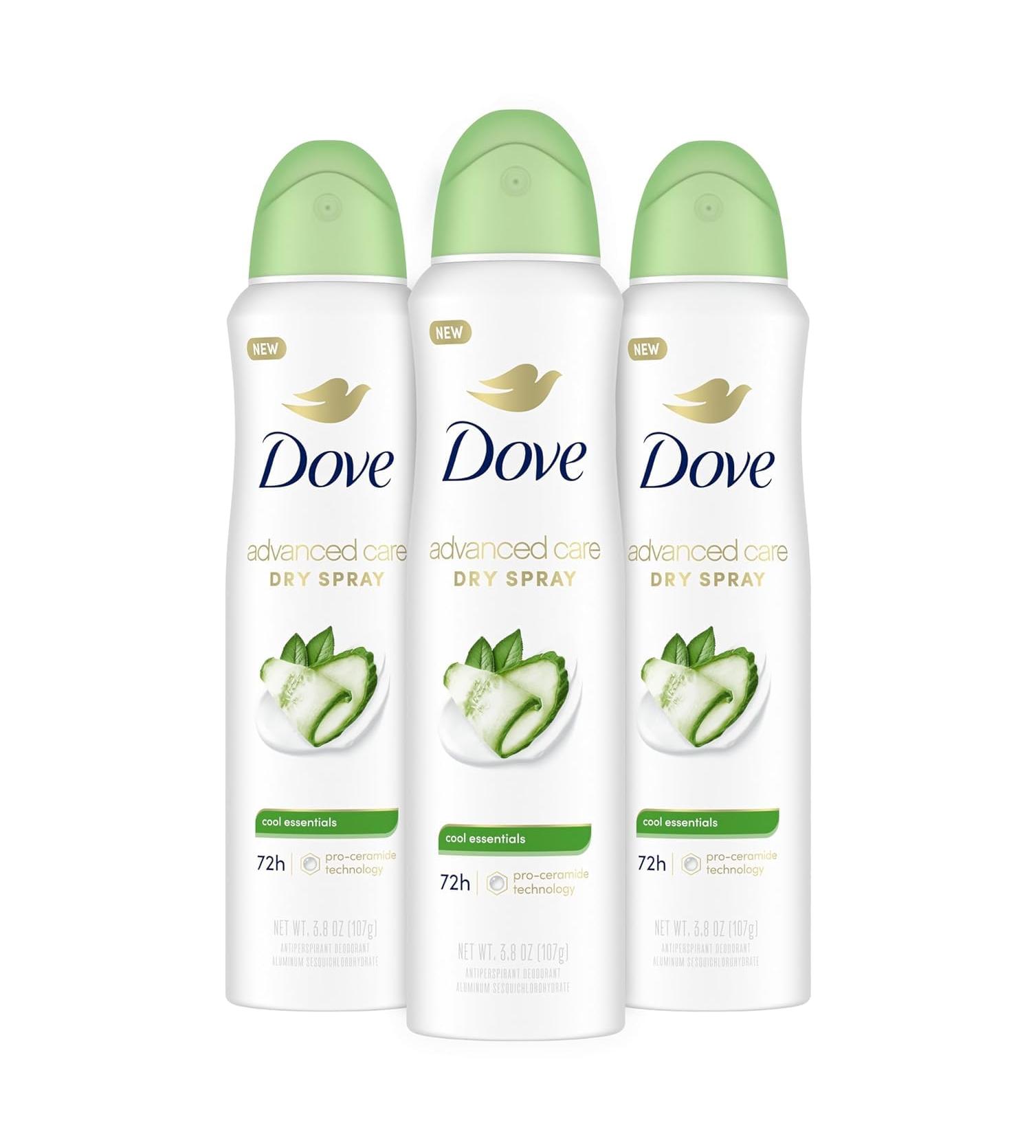Dove Advanced Care Antiperspirant Deodorant Dry Spray Cool Essentials 3 Count Antiperspirant deodorant for helping your skin barrier repair after shaving With Pro Ceramide Technology 3.8 oz 11.4 Ounce (Pack of 1) Cucumber - Buy Online on GoSupps.com