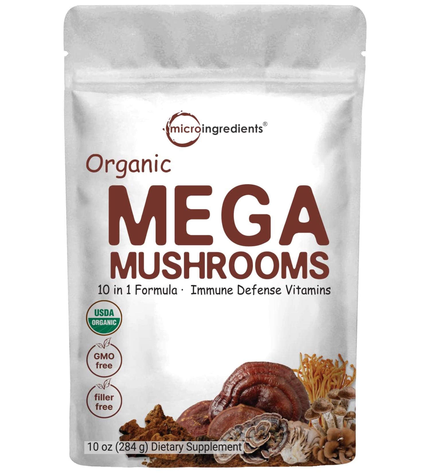 Sustainably US Grown Organic Mega Mushroom 10 in 1 Complex Formula Powder 10oz - Immune System Booster with Chaga, Lions Mane, Cordyceps, Reishi & More - Filler Free, Vegan - 284 Days Supply - Buy Online on GoSupps.com