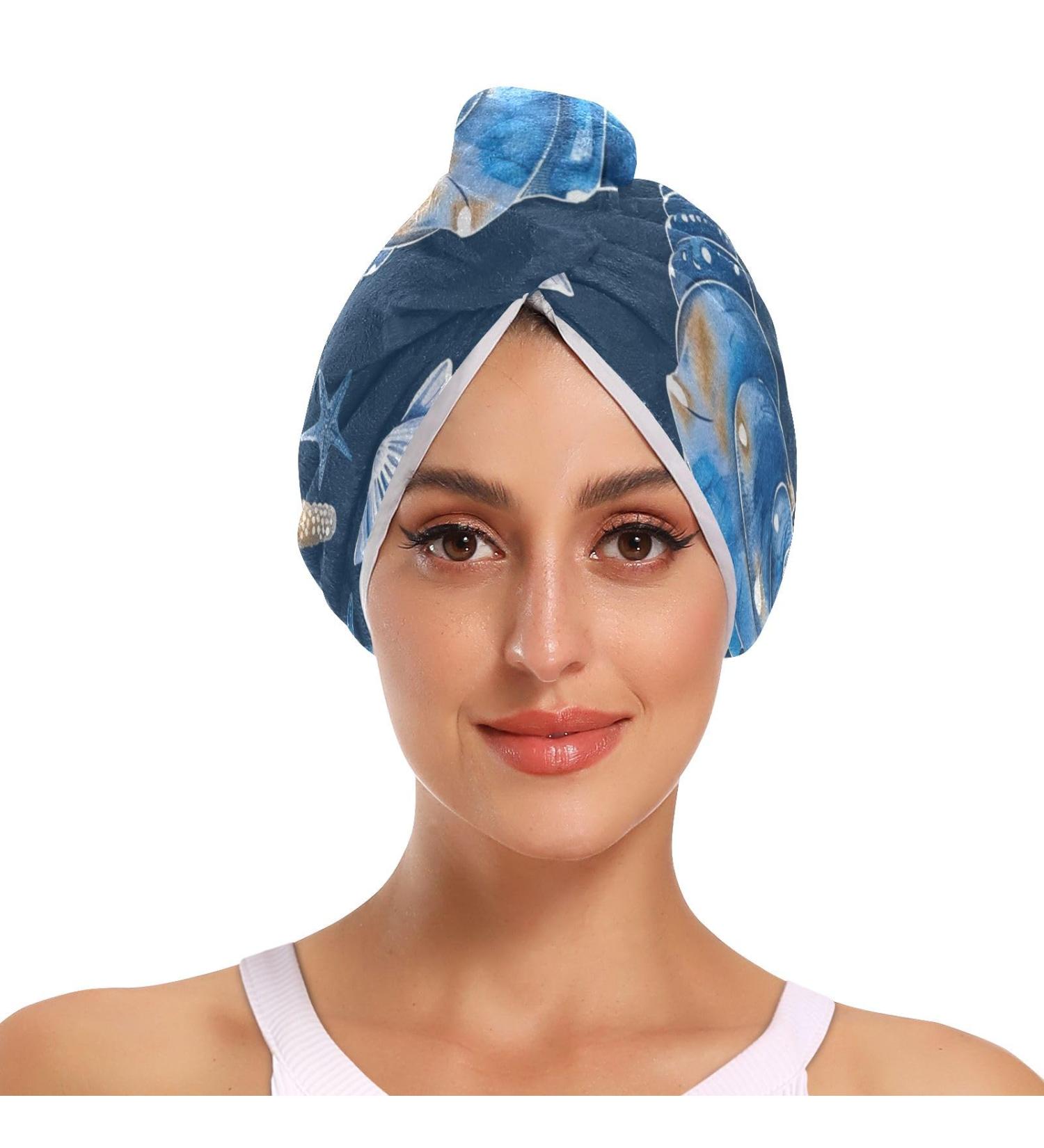 Dark Blue Starfish Shells Hair Towel 2 Pack | Super Absorbent Quick Dry Hair Turbans for Women & Girls - Buy Online on GoSupps.com