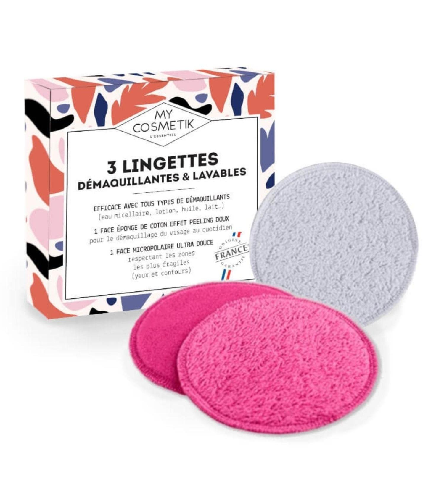 Pack of 3 washable make-up remover wipes - Guaranteed French Origin - 100% cotton terry side and 100% polyester microfleece side - MY COSMETIK - Pack of 3