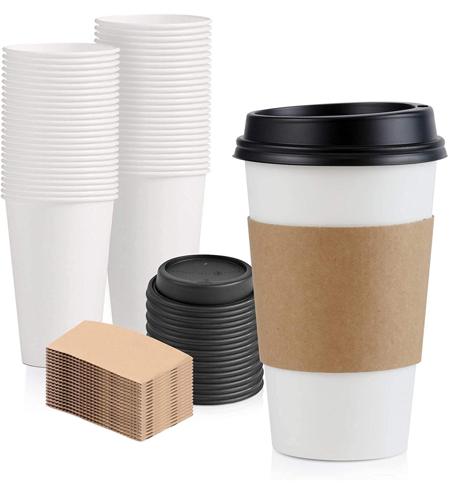 50 Pack 16 oz White Paper Coffee Cup with Black Dome Lid and Kraft Sleeve Combo - Buy Online on GoSupps.com