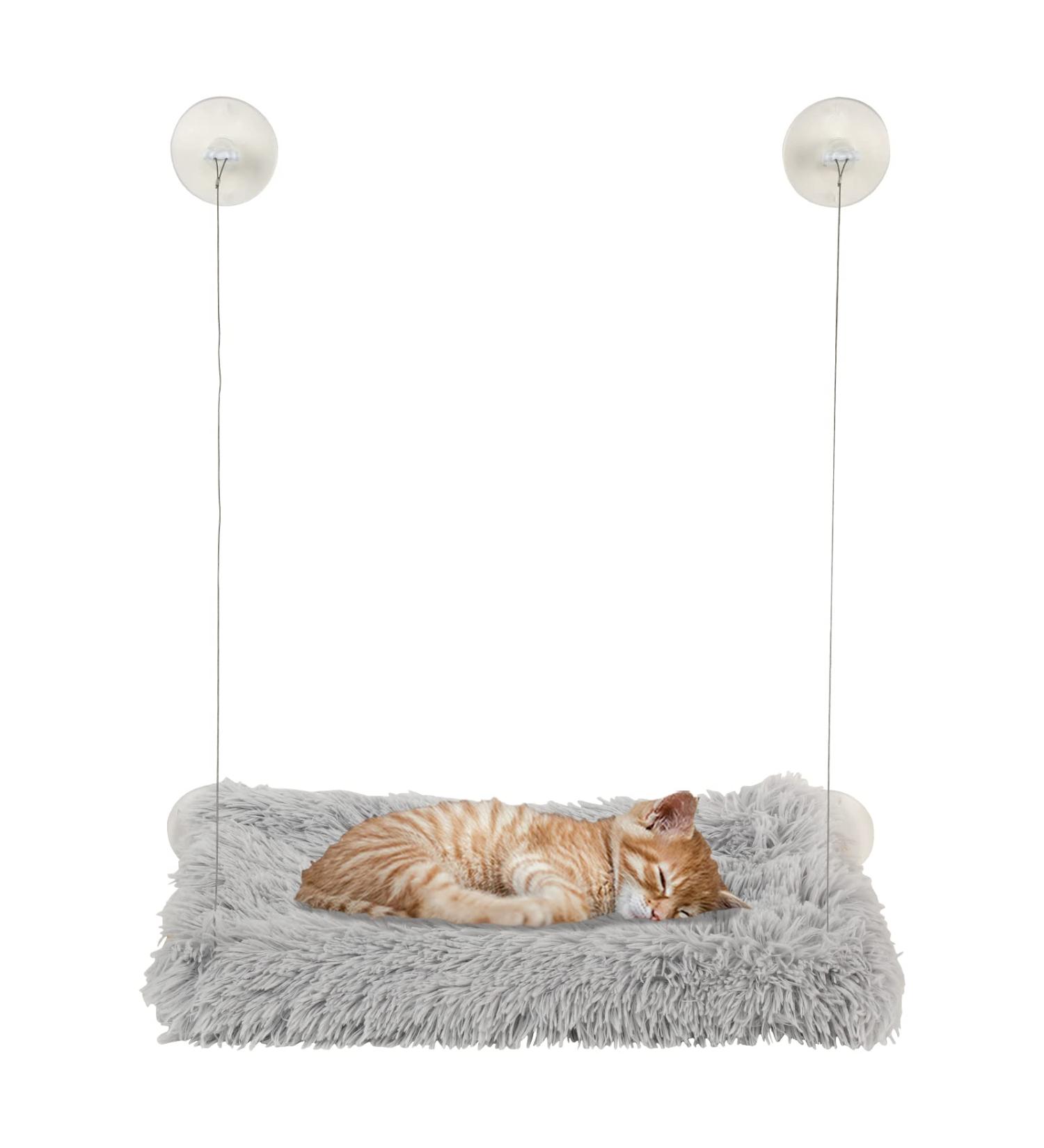 HlinZoom Cat Window Hammock with Fluffy Blanket | Easy to Assemble Cat Perch | Indoor Sunbathe Resting Seat - Light Gray - Buy Online on GoSupps.com