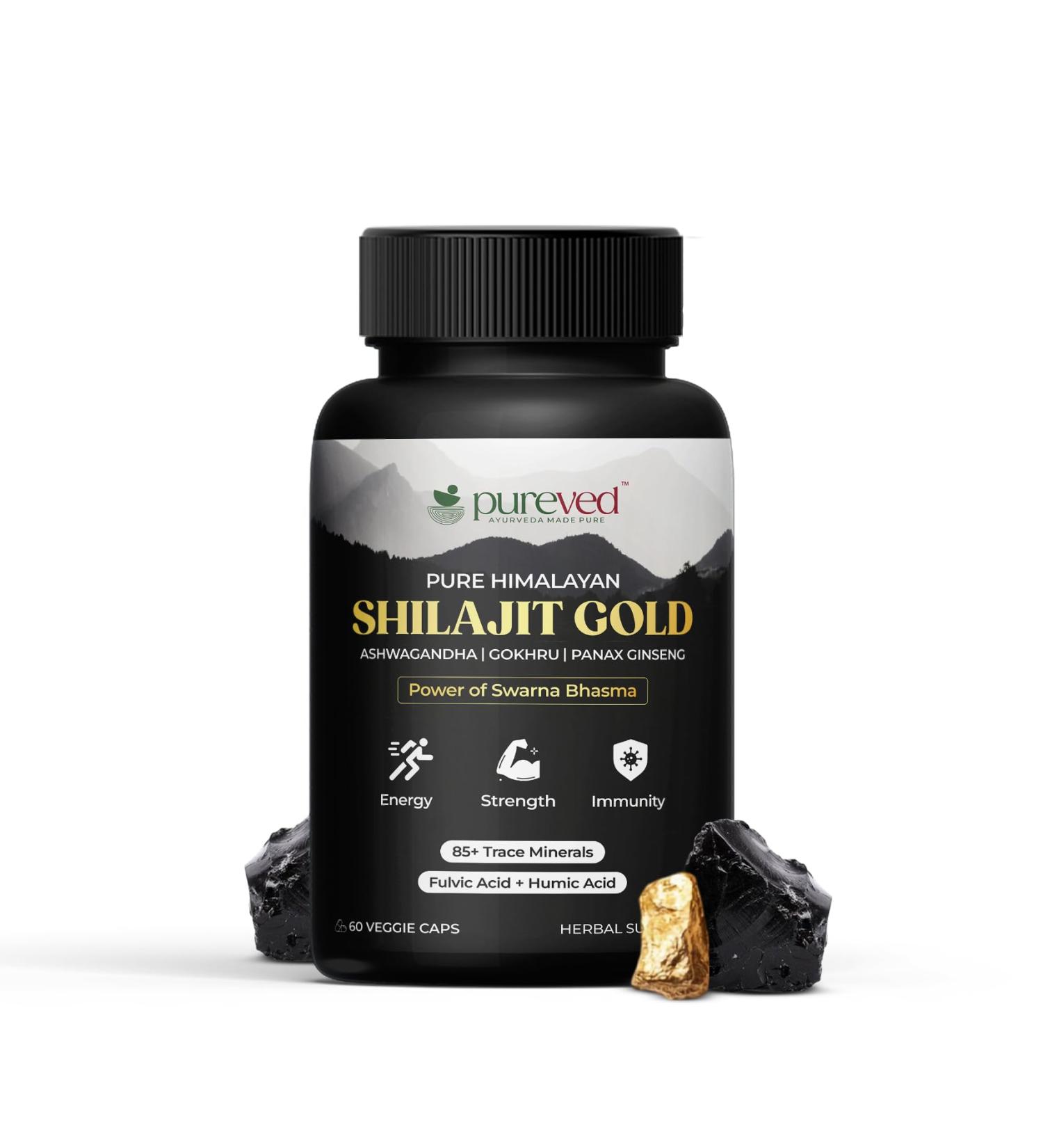 Pureved Pure Himalayan Shilajit Gold 60 Veg Capsules | with Panax Ginseng Ashwagandh & Gokhru | for Energy Strength & Immunity - Buy Online on GoSupps.com