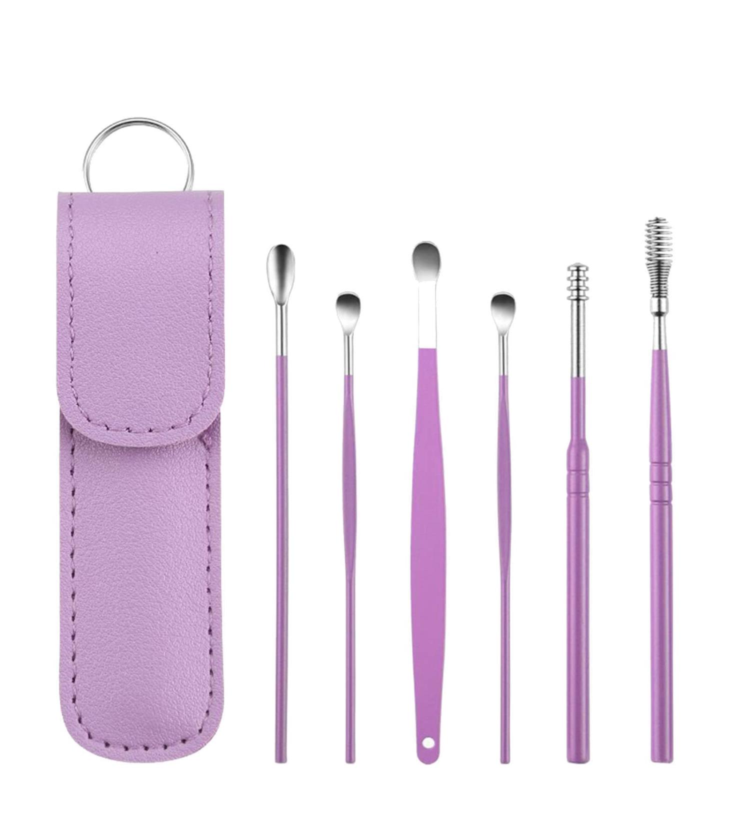 Stainless Steel Ear Picking Spoon Set - 6 Piece Cleaner Tool for Children and Adults - Purple - Buy Online on GoSupps.com