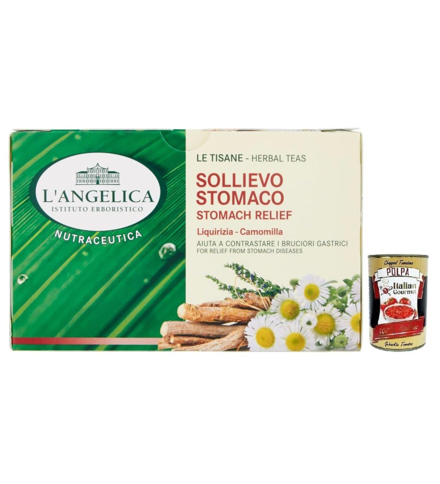  Italian Gourmet E.R. Angelica Tisana Sollievo Stomaco a remedy for heartburn herbal tea with a blend of licorice and chamomile pack of 20 filters + Italian Gourmet Polpa di Pomodoro 400g - Buy Online on GoSupps.com