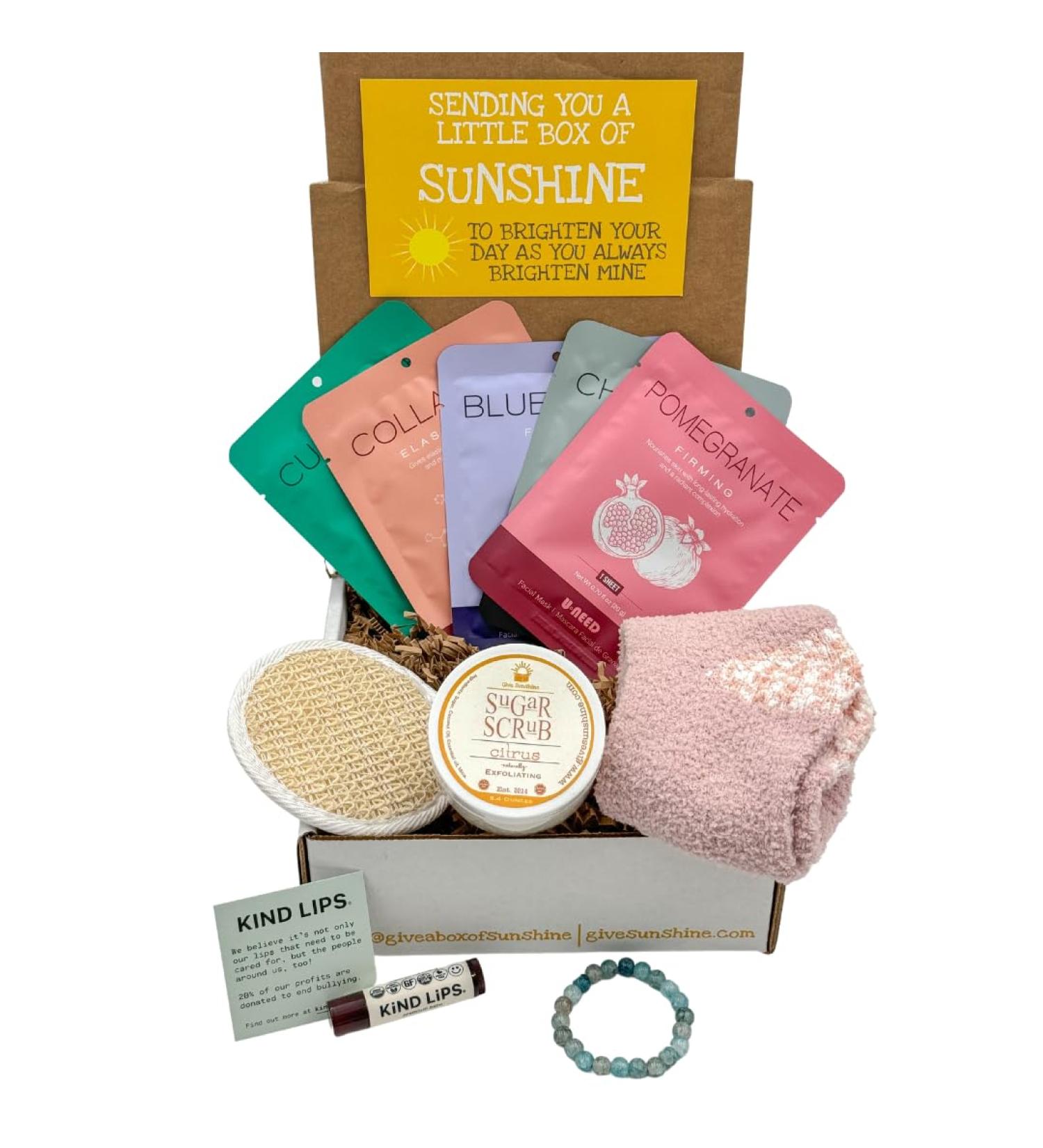 Relaxing Time Gift Set - Spa Kit with Beaded Bracelet Comfy Socks Lavender Sugar Scrub Face Masks Lip Balm and Loofah - Perfect Self-Care and Pampering Gift for Women