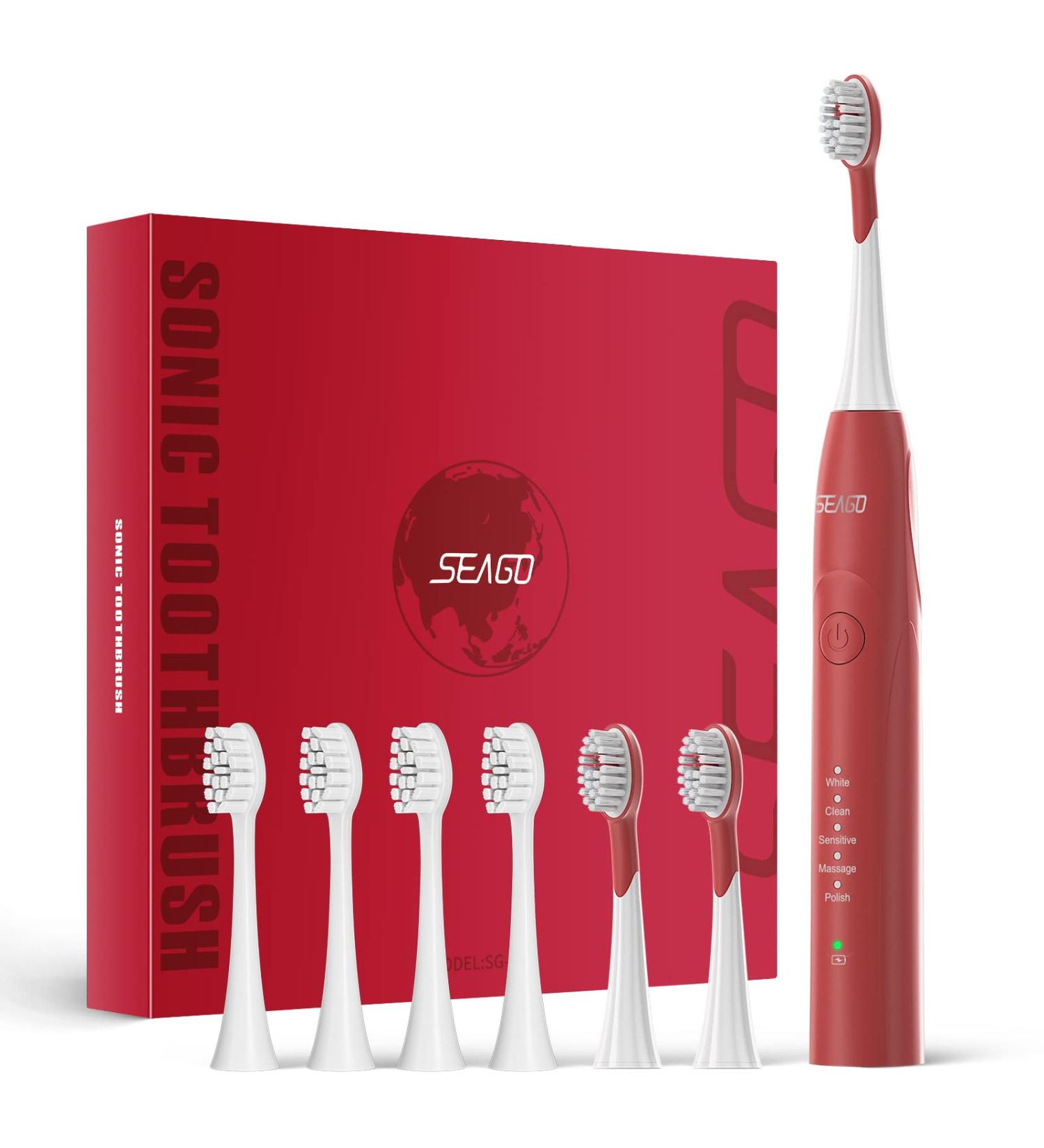 SEAGO Rechargeable Sonic Electric Toothbrush - 30 Days Battery 5 Modes 2 Minute Timer Portable with 8 Brush Heads - Perfect for Adults (Red - Buy Online on GoSupps.com