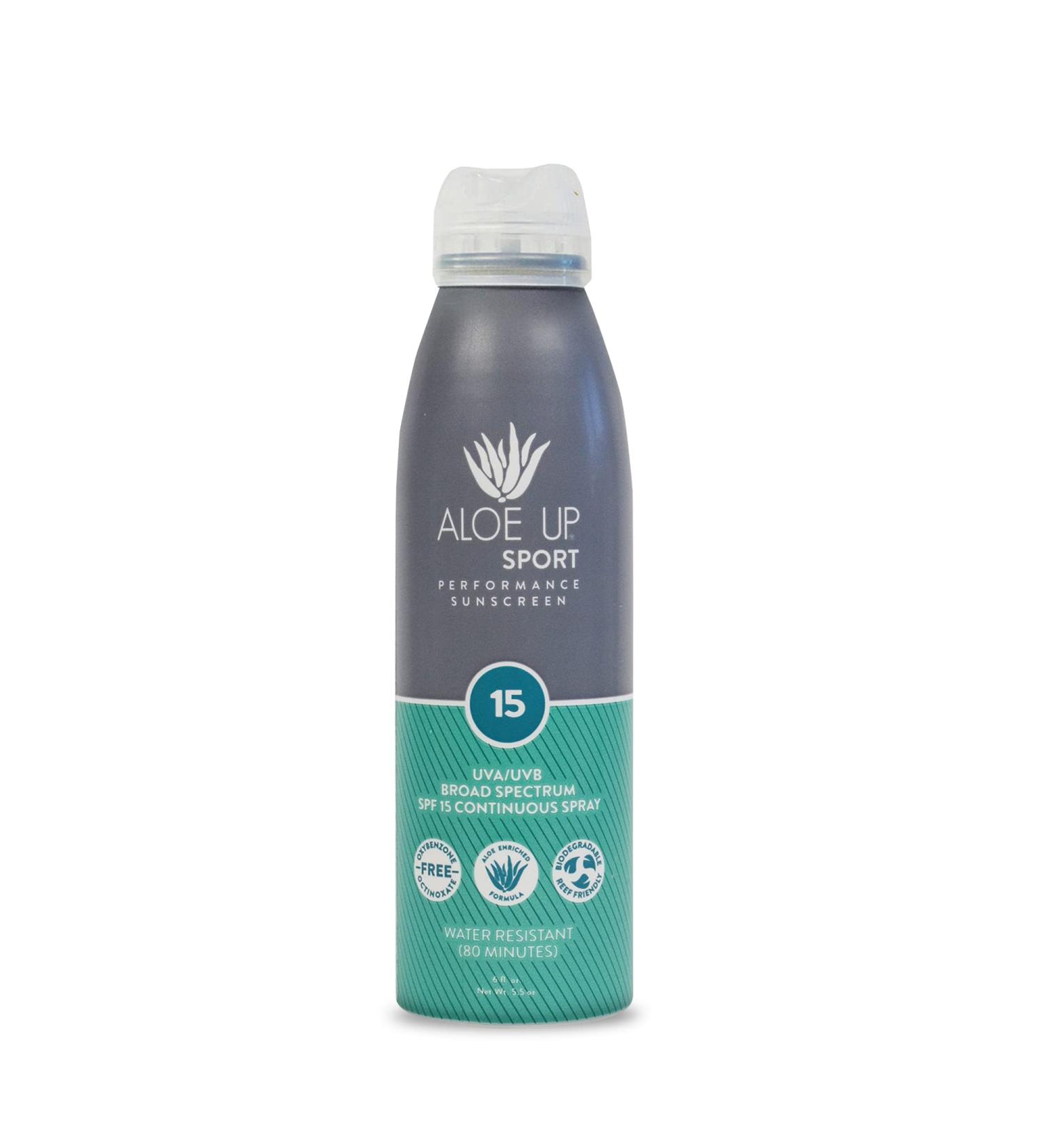 Aloe Up Sport SPF 15 Sunscreen Continuous Spray - 6oz Sunblock with Aloe | UVA/UVB Protection | Quick-Drying Formula - Buy Online on GoSupps.com