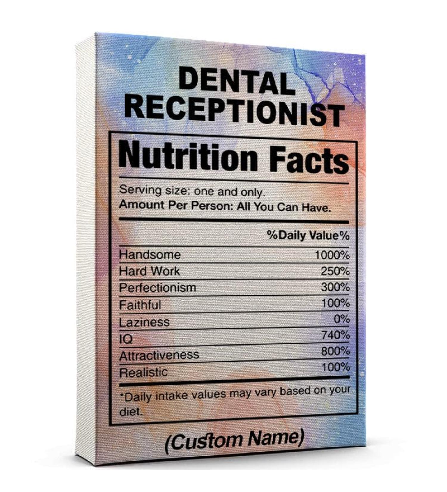 Custom Dental Receptionist Nutrition Label Canvas Watercolor Abstract Style Personalized Wall Art with Funny Traits Poster Style Ready to Hang