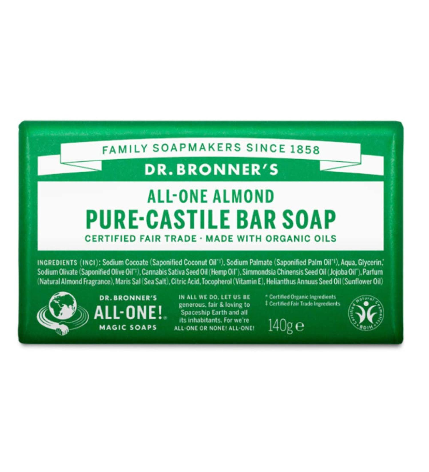 Dr. Bronner's Almond Pure Castile Bar Soap - 3-in-1 Organic Oil Blend for Face, Body, Hair - Fair Trade, Vegan - 140g Bar - Buy Online on GoSupps.com