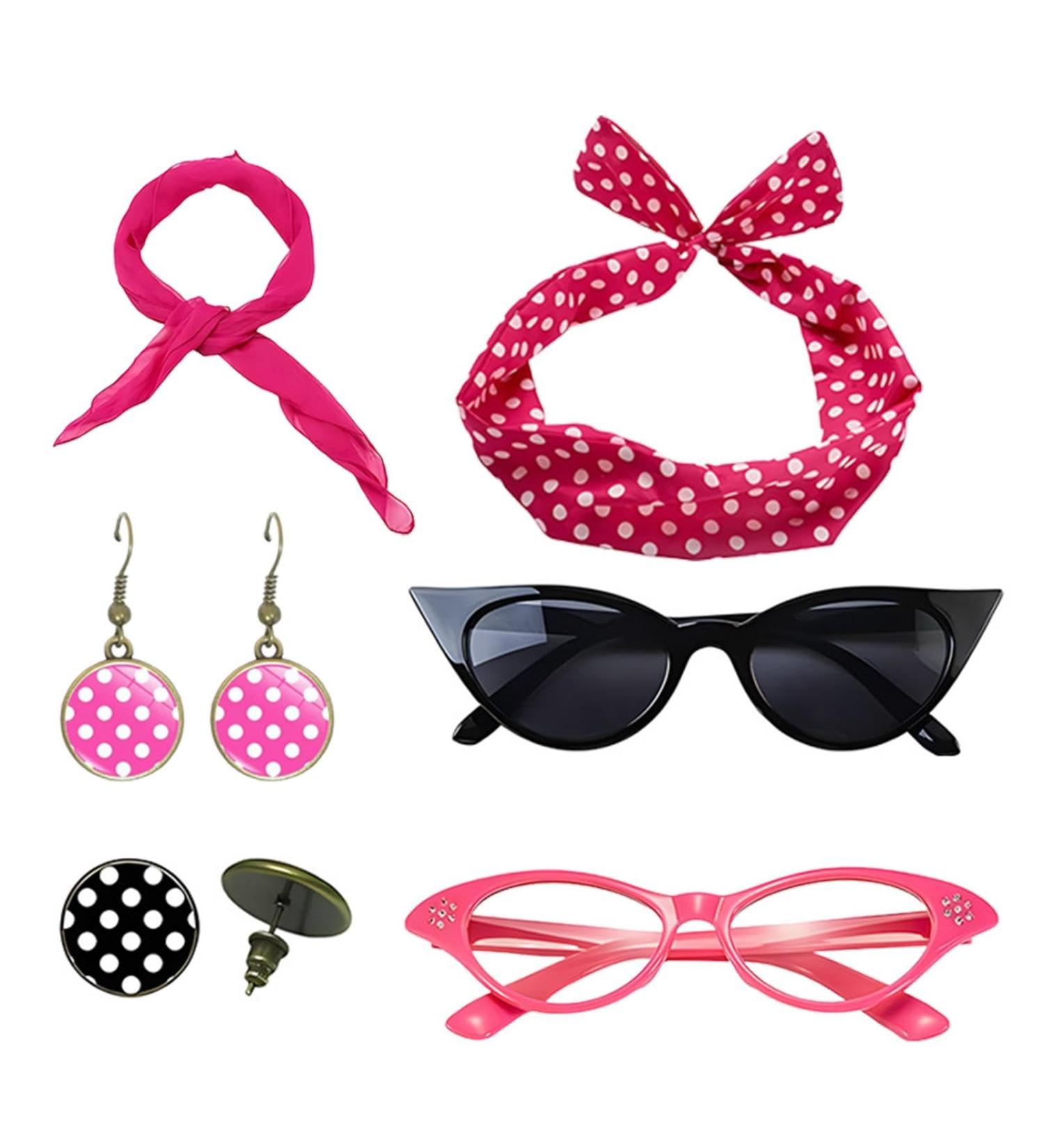 Polka Dot Headband - Headband Drop Earrings Set for 1950s Outfits - Print Dangle Earrings with Vintage Hair Bands Chiffon Scarf Cat Eye Glasses Hot Pink One Size - Buy Online on GoSupps.com