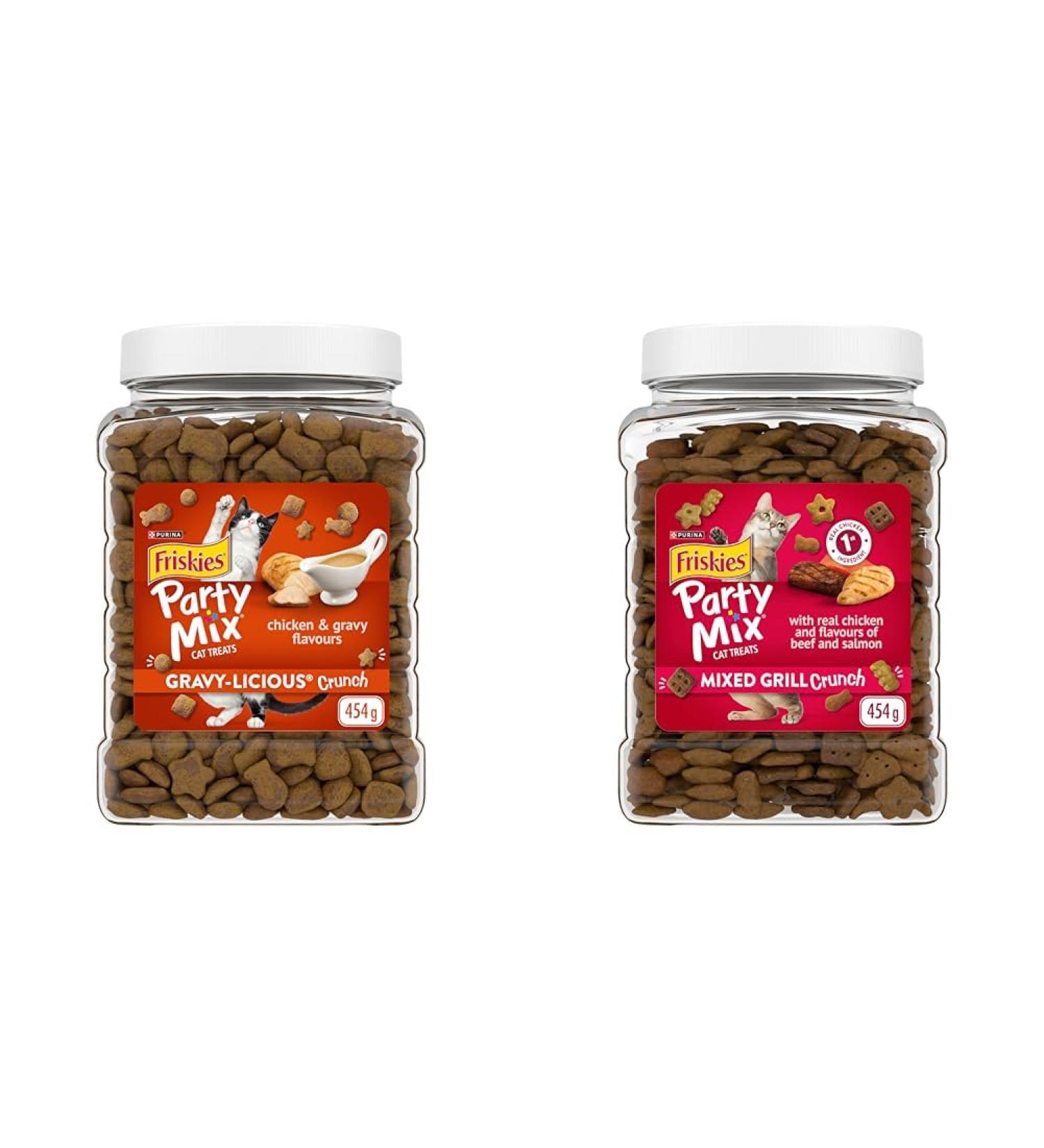 Friskies Party Mix Cat Treats Gravy-Licious Crunch Chicken and Gravy - 454 g Cannister (1 Pack) & Party Mix Cat Treats Mixed Grill Crunch with Real Chicken - 454 g Cannister (1 Pack) 454 g (Pack of 1) Cat Treats+ 454 g (Pack of 1) - Buy Online on GoSupps.com