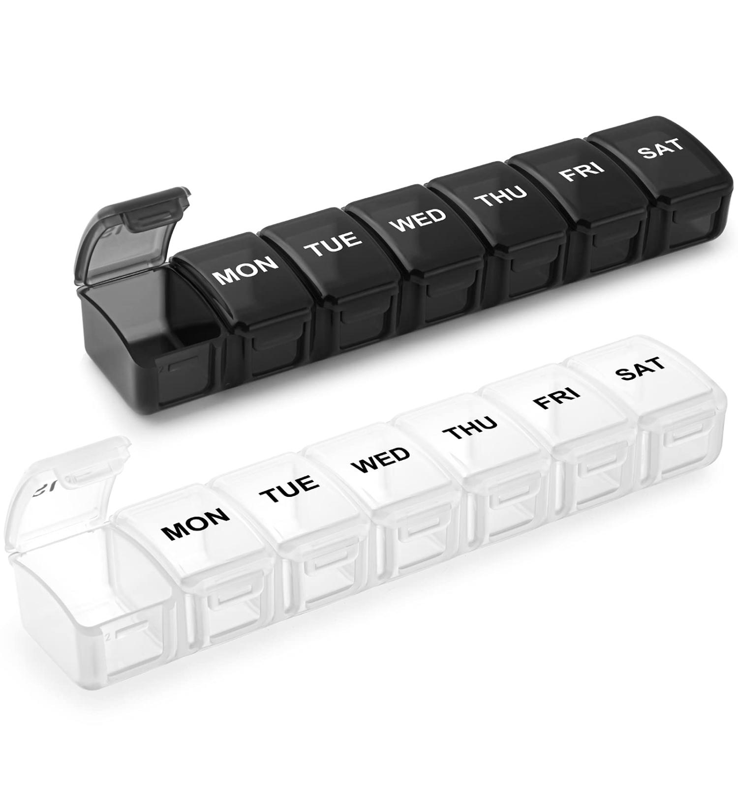 2 Pack Small Pill Organizer for Daily Vitamins - 7 Day AM/PM Pill Box - Travel-Friendly Weekly Medication Case in Black/White - Buy Online on GoSupps.com